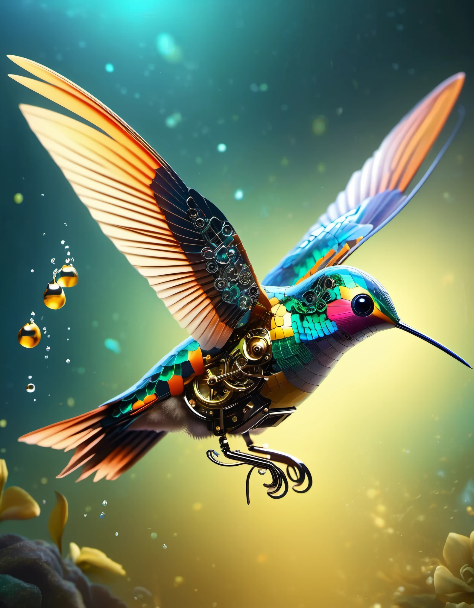 The precision-crafted mechanical hummingbird is flapping at the small fish,future,fantasy,Steam cyberpunk,丛林future宇宙
