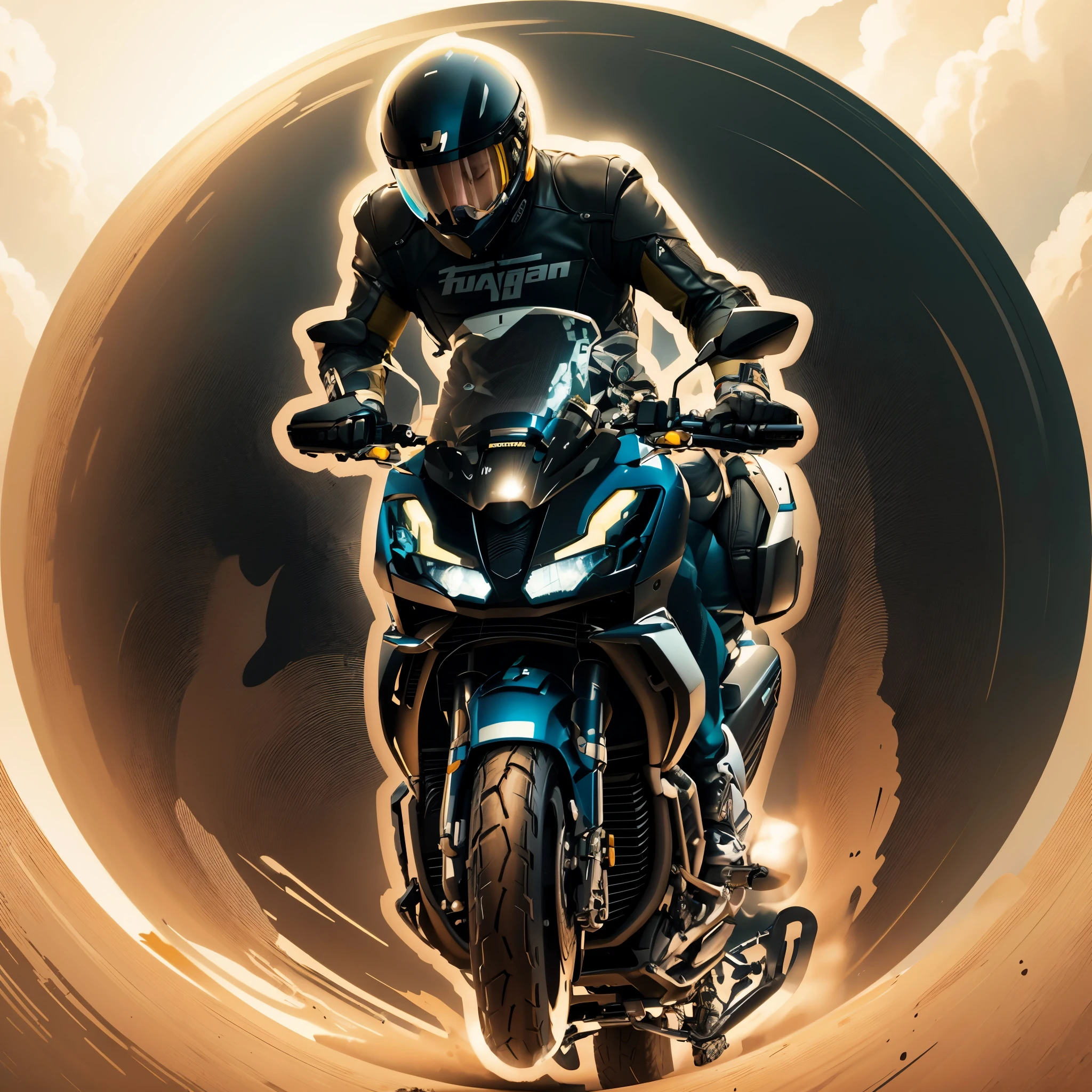 arafed man riding a motorcycle on a yellow background, touring, motorbike, dakar motorbike, motorcycle, riding, motorbiker, riding a motorcycle, front shot, avatar image, picture of a male biker, illustration detailed, riding a futuristic motorcycle, front on, a wide full shot, front portrait, cover shot, front perspective, lorenzo lanfranconi, biker