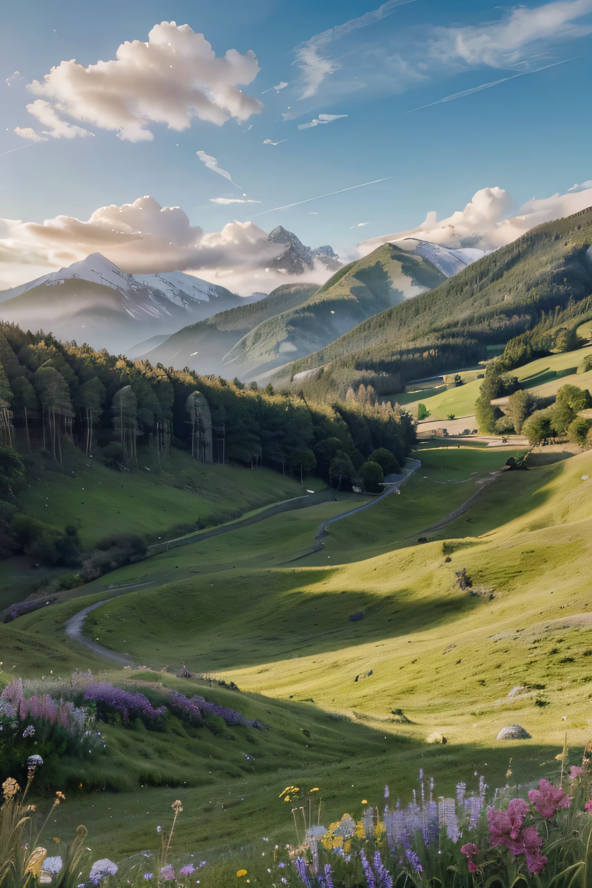 best quality,4k,8k,highres,masterpiece:1.2,ultra-detailed,realistic:1.37,landscape,blue sky,vivid colors,portraits,photorealistic,sharp focus,detailed clouds,happy atmosphere,serene setting,rolling hills,sunlit meadows,gentle breeze,peaceful nature,subtle shadows,colorful flowers,colossal trees,artistically painted world,immaculate texture,tranquil scenery,impressive realism,soft sunlight,majestic mountains,dreamy ambiance,splendid panorama,warmth and calmness,ethereal beauty,photography,crystal-clear horizon,uplifting spirit,lush vegetation,brilliant hues,splashes of gold and purple,dynamic composition,magical lighting,long grass blowing in the wind