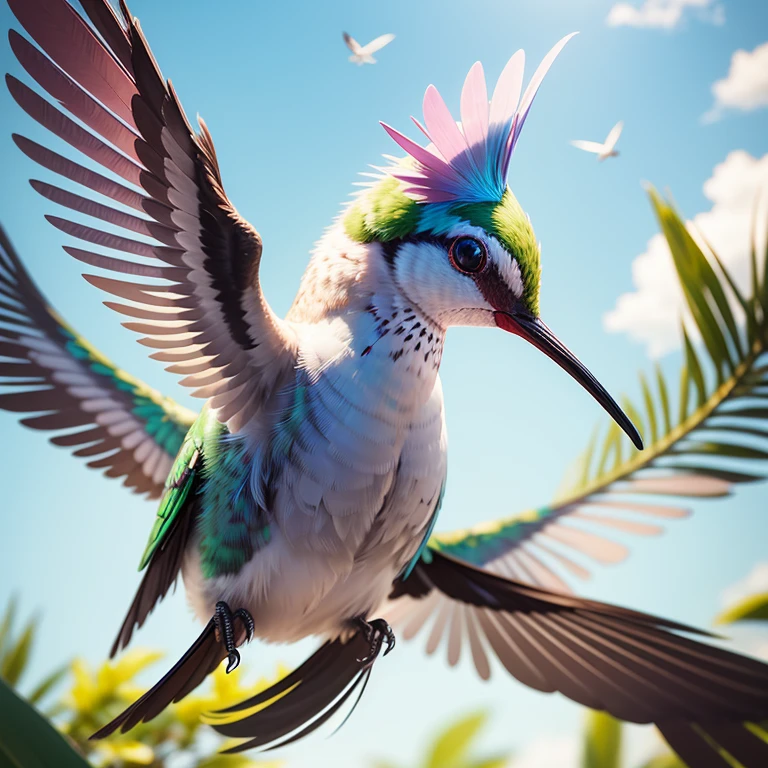 Create a photorealistic image of a hummingbird in mid-flight. The hummingbird should be in sharp focus, with its wings and tail feathers spread out. The background should be a blur, with colors and textures that suggest a lush, tropical environment. The lighting should be bright and warm, highlighting the iridescent colors of the hummingbird's feathers. The overall composition should be balanced and dynamic, with a sense of movement and energy.