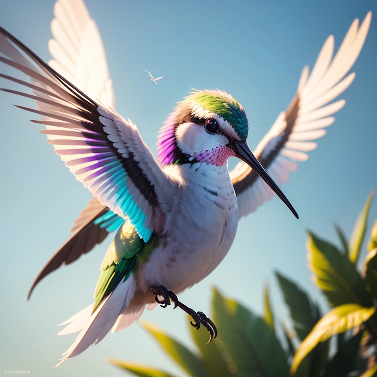 Create a photorealistic image of a hummingbird in mid-flight. The hummingbird should be in sharp focus, with its wings and tail feathers spread out. The background should be a blur, with colors and textures that suggest a lush, tropical environment. The lighting should be bright and warm, highlighting the iridescent colors of the hummingbird's feathers. The overall composition should be balanced and dynamic, with a sense of movement and energy.