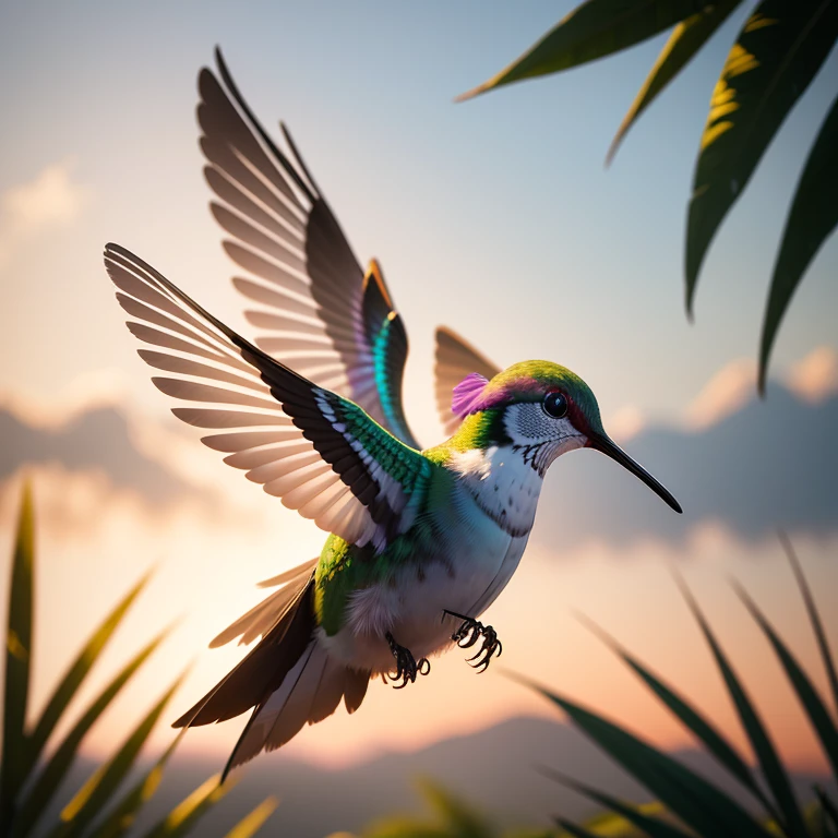Create a photorealistic image of a hummingbird in mid-flight. The hummingbird should be in sharp focus, with its wings and tail feathers spread out. The background should be a blur, with colors and textures that suggest a lush, tropical environment. The lighting should be bright and warm, highlighting the iridescent colors of the hummingbird's feathers. The overall composition should be balanced and dynamic, with a sense of movement and energy.