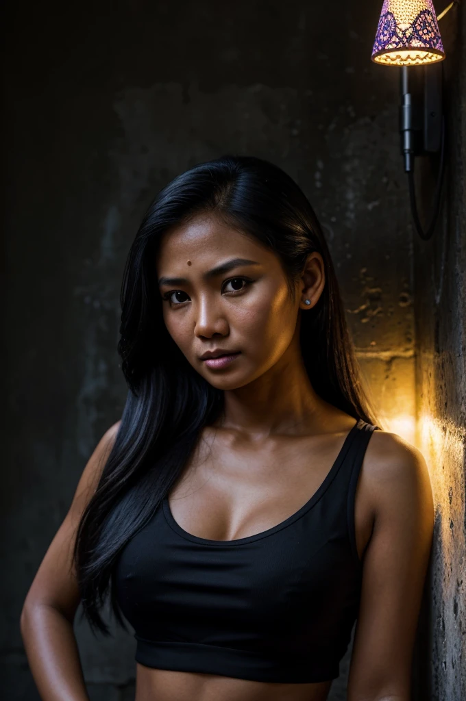 Hyper-realistic, ultra-detailed photograph, insanely detailed and intricate, character 30-year-old woman” by Steve McCurry, 35mm, F/2. beauty indonesian girl, diamond face with mid length hair. the expression moody. the girl wear tight black tanktop, the wall color is purple with bright blue backlight lamp. side pose