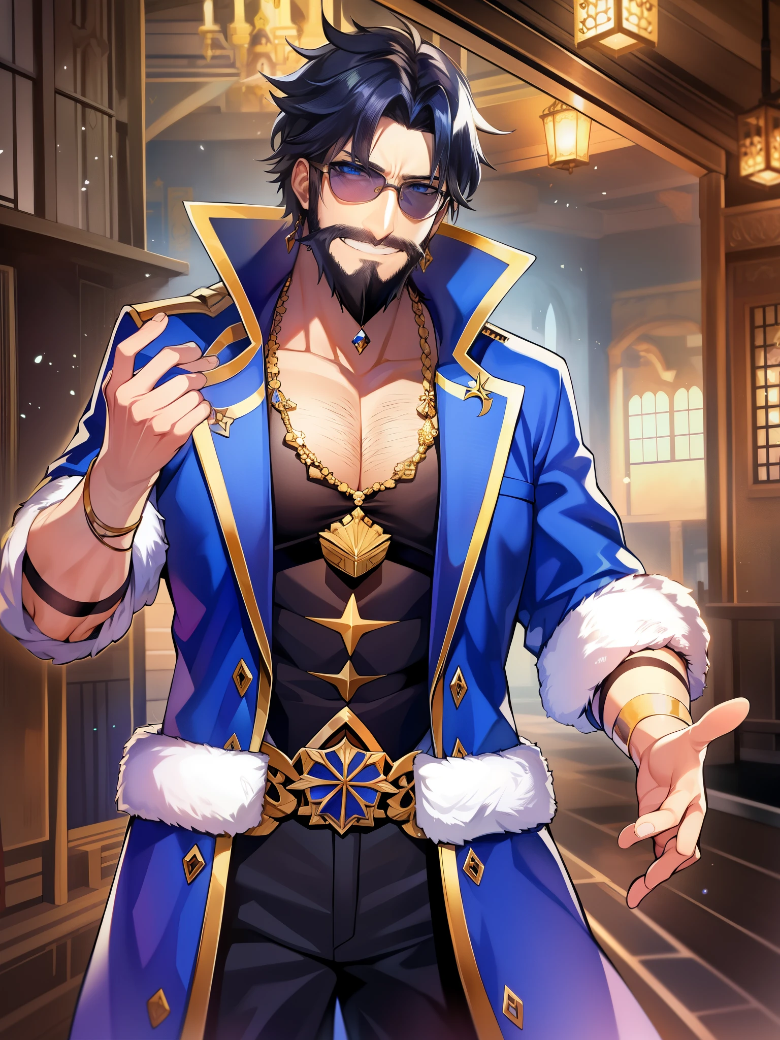 Fate/Grand/Order、Chaldea Summer Adventure!、sandy beach、(((midsummer gentleman)))+++、(((Sunglasses on the head)))+++、(((In a blue jacket)))+++、(((blue aloha shirt)))+++、(((white pants)))+++、(((light blue pearl)))+++、(((wink)))+++、(((big smile)))+++、(((Gut Pose)))+++、black beard、edward teach、black hair、black beard、black cloak、red pants、golden necklace、middle-aged otaku、creepy otaku、V-shaped eyebrows、
