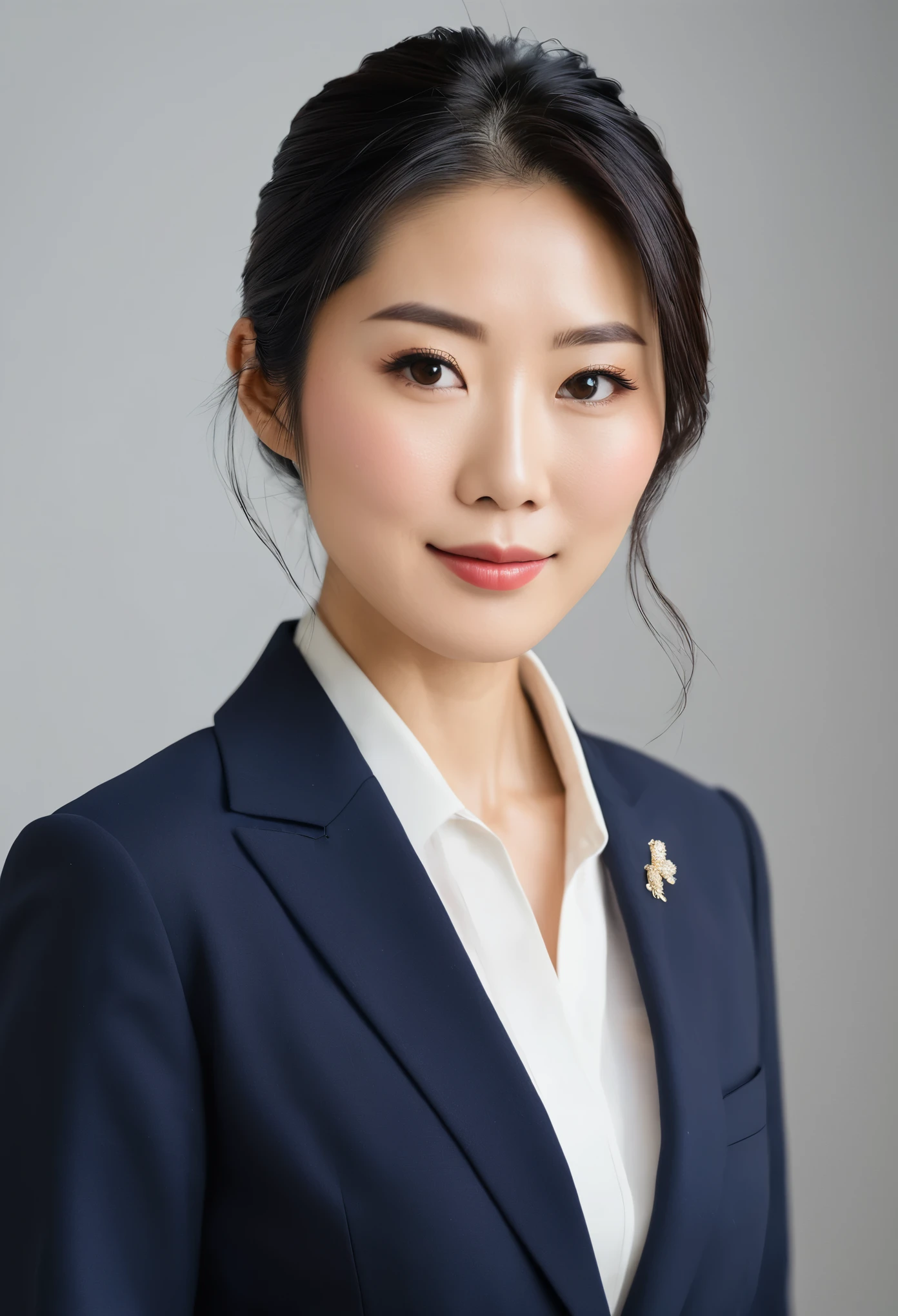 (A highly detailed and realistic portrait) of a (confident and successful Japanese businesswoman). The woman has a (sharp, intelligent gaze) and a (self-assured, subtle smile) that radiates (professionalism and competence), while also conveying a sense of (feminine charm and Japanese beauty standards). Her (long, sleek black hair) is styled in a (polished, refined manner), such as a (neat, low ponytail or a smooth, side-swept style), showcasing her (well-maintained, healthy locks) and (complementing her Japanese facial features). She wears (natural, understated makeup) that (enhances her beauty) while maintaining a (professional appearance), with (even skin tone, subtly defined eyes, and a soft, pink lip color) that epitomize (Japanese beauty aesthetics). She is dressed in a (well-tailored, high-end business suit) in a (classic color like navy or charcoal), paired with a (crisp white dress shirt) and (elegant, minimal accessories), presenting a (polished and sophisticated look) that (harmonizes with her Japanese features and styling). The (background is a clean, modern office setting) with (soft, natural lighting) that (illuminates her face and highlights her Japanese complexion). The overall image is a (refined, professional portrait) that captures the essence of a (strong, successful Japanese businesswoman), with (meticulous attention to detail, balanced composition, and a focus on her natural beauty and confident demeanor), (celebrating her Japanese femininity within a professional context). (Half-body framing) --ar 2:3 --v 4 --q 2 --s 750