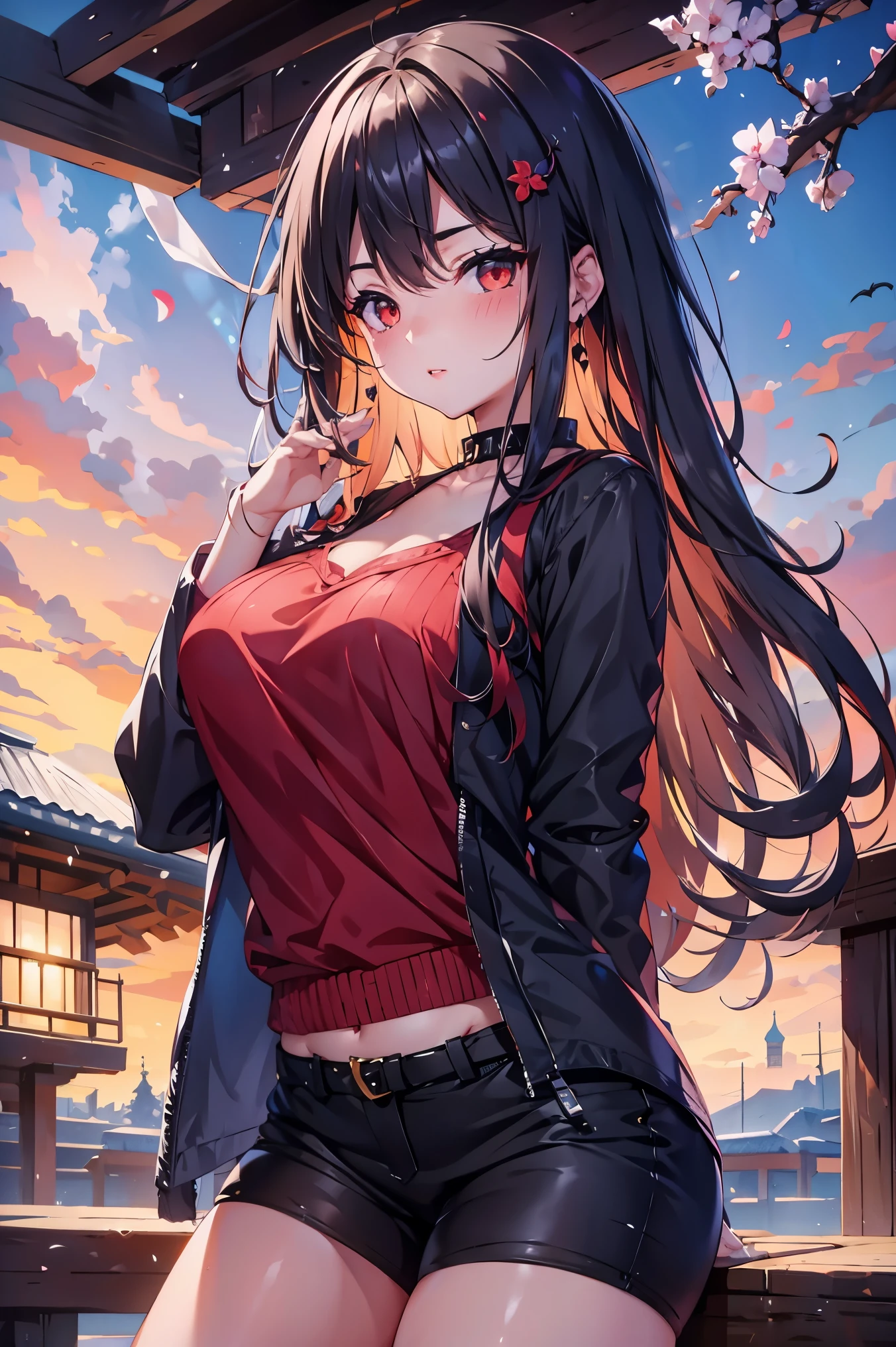 1 female、whole body、bottom angle、brown hair、long hair、well-groomed face、dense lips、red eyes、Blue knitwear、valley、slim、black shorts、cherry blossoms、cherry blossoms吹雪、petal、hot spring town、old buildingasterpiece、ultra high resolution、delicate、perfect lighting、sunlight、16K