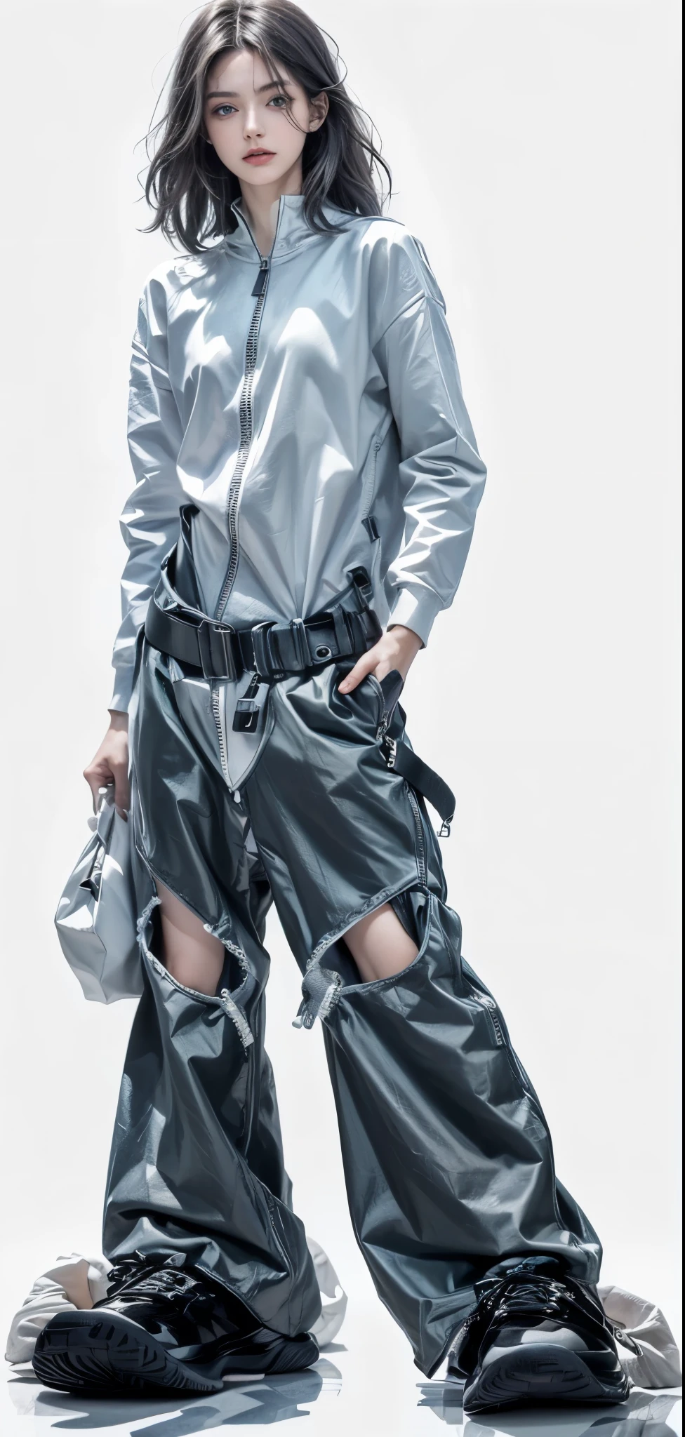 (ultra detailed, beautiful, masterpiece, best quality:1.2), digital painting, concept art, illustration, white and black colors, surreal, abstract forms, _ BREAK (fog and mist Blurred background, Perfect and beautiful concrete background:1.4), (Inorganic and nostalgic white lighting:1.4), _ BREAK (all body shot, standing, focus Sneaker:1.5), BREAK (black fashion:1.4), (American Low Waist Zip Design Wide Leg Pants, showing knees from the open zip:1.4), (Thick-soled black boots with round toes:1.4),(Diteled Clothing:1.4), (Black thick-soled sneakers:1.4), (A simple bag that matches clothes:1.3), (One point accessories:1.3), BREAK (perfect Beautiful model, 22 Age, 165 cm, pale skin, Tightened all body, Perfect beautiful legs and hands), gray hair, Brightly colored eyes, (dropy eyes, Double eyelid, light color eyes, Shiny eyes , Diteled eyes), (small head and face:1.2), _ BREAK arranged hair, Diteled hair, (from below:1.4),!