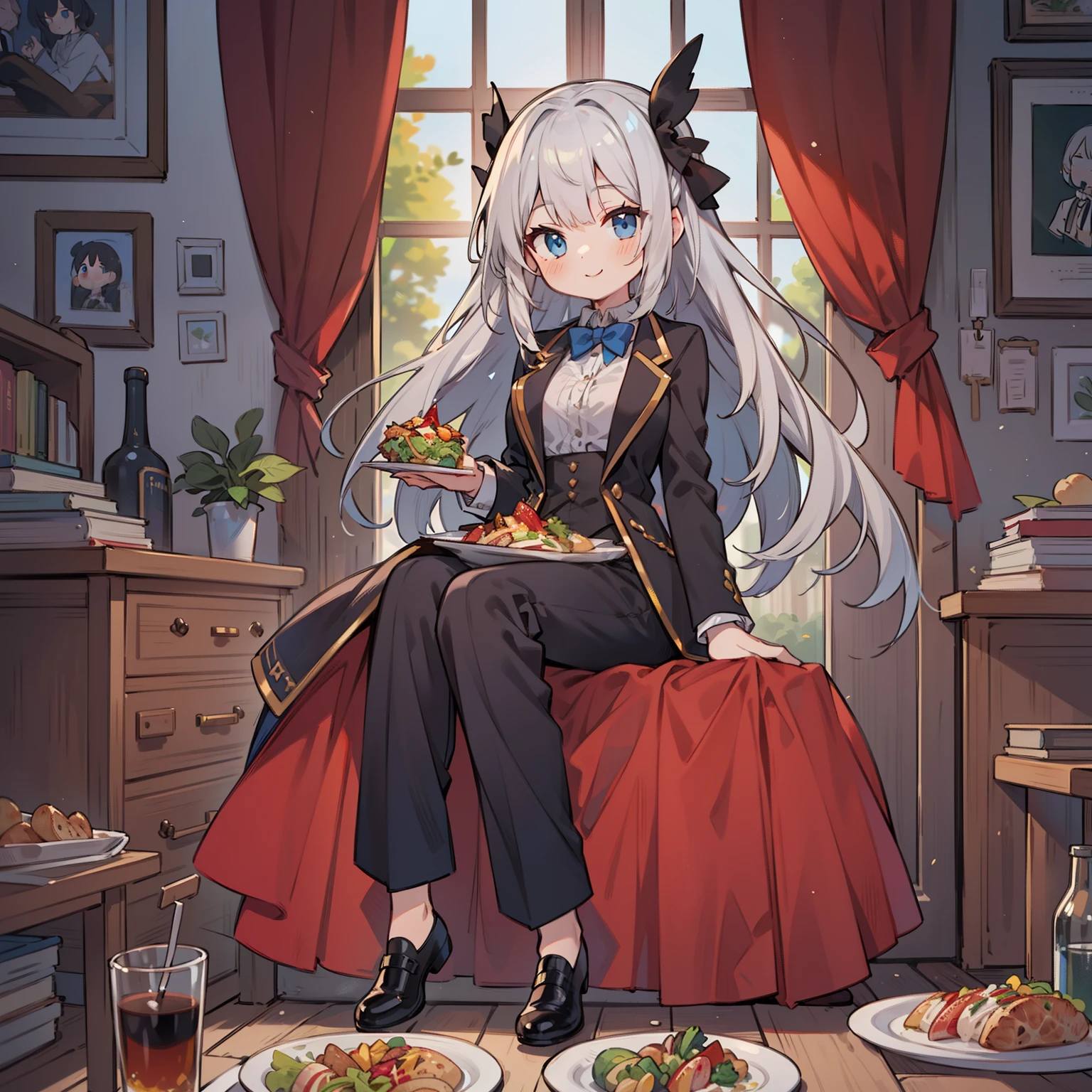 (long silver hair girl),((having a meal)),(Pants style with tuxedo),blue eyes,open your mouth, dull smile, Full body Esbian,(((a bit))),(alone),(best image quality, In 8K, masterpiece, Super detailed),
