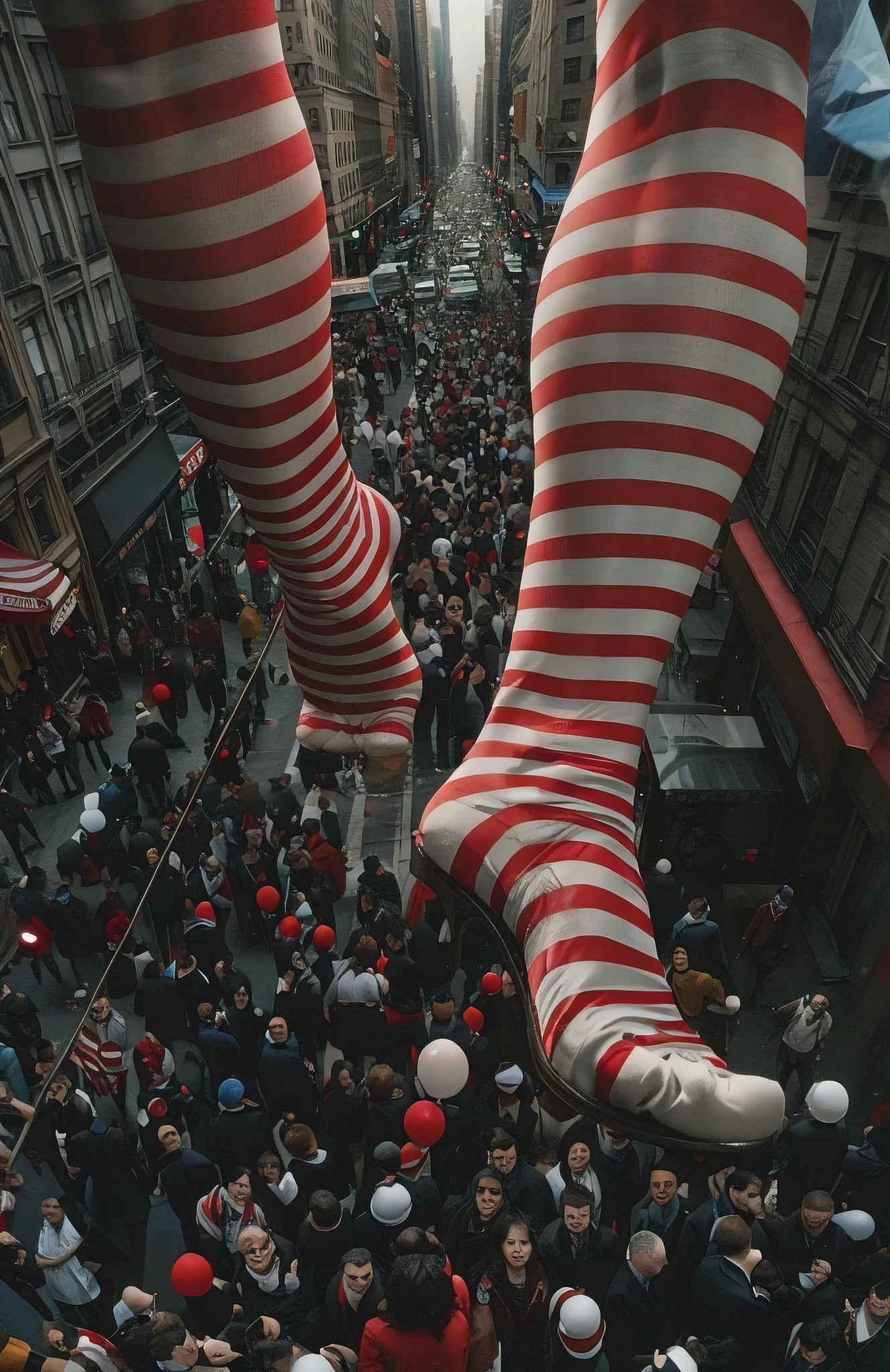 A close up of the giant hand and foot wearing red and white striped stockings, walking on top of many people in a New York City street, surrounded by crowds, in the style of Tim Burton, surreal photography in the style of David LaChapelle, cinematic wide angle shot, 35mm film grain, hyper realistic, ultra detailed, high resolution