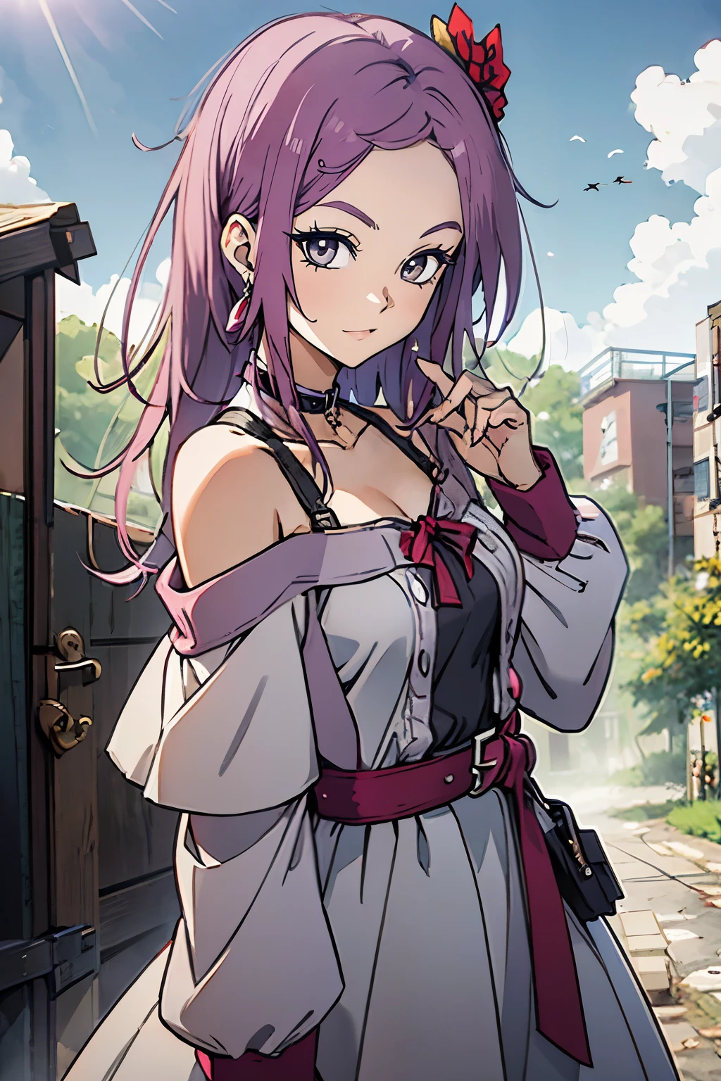 mastutepiece, Best Quality, Ultra-detailed, kisho, jigokuraku, 1 girl, reddish Purple hair, Gray eyes, smiling, hair ribbon, belt, choker, black collar, blue dress, no sleeves, camisole, earrings, wool sweater, off-shoulder sleeves , Chest exposure, Lace underwear, metamorphosis is exposed, 