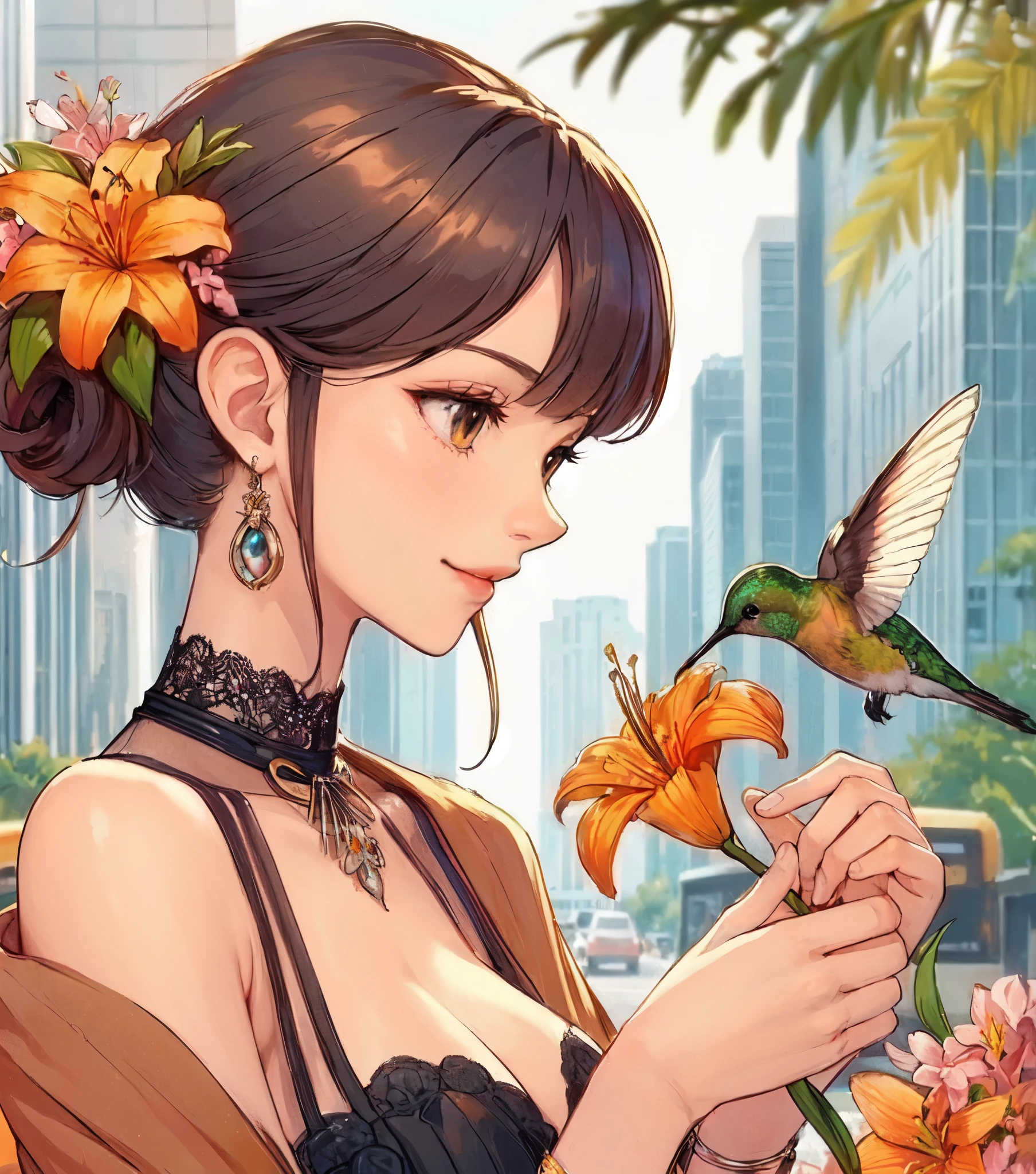 1lady solo, profile, from side, (gazing at hummingbird:1.2), stylish outfit, mature female, /(dark brown hair/) bangs, kind smile, (masterpiece best quality:1.2) (delicate illustration:1.1) ultra-detailed, large breasts BREAK ((hummingbird flying:1.2) nearby flower), (realistic hummingbird:1.1) BREAK (holding orange lily flower) BREAK (cityscape), detailed background