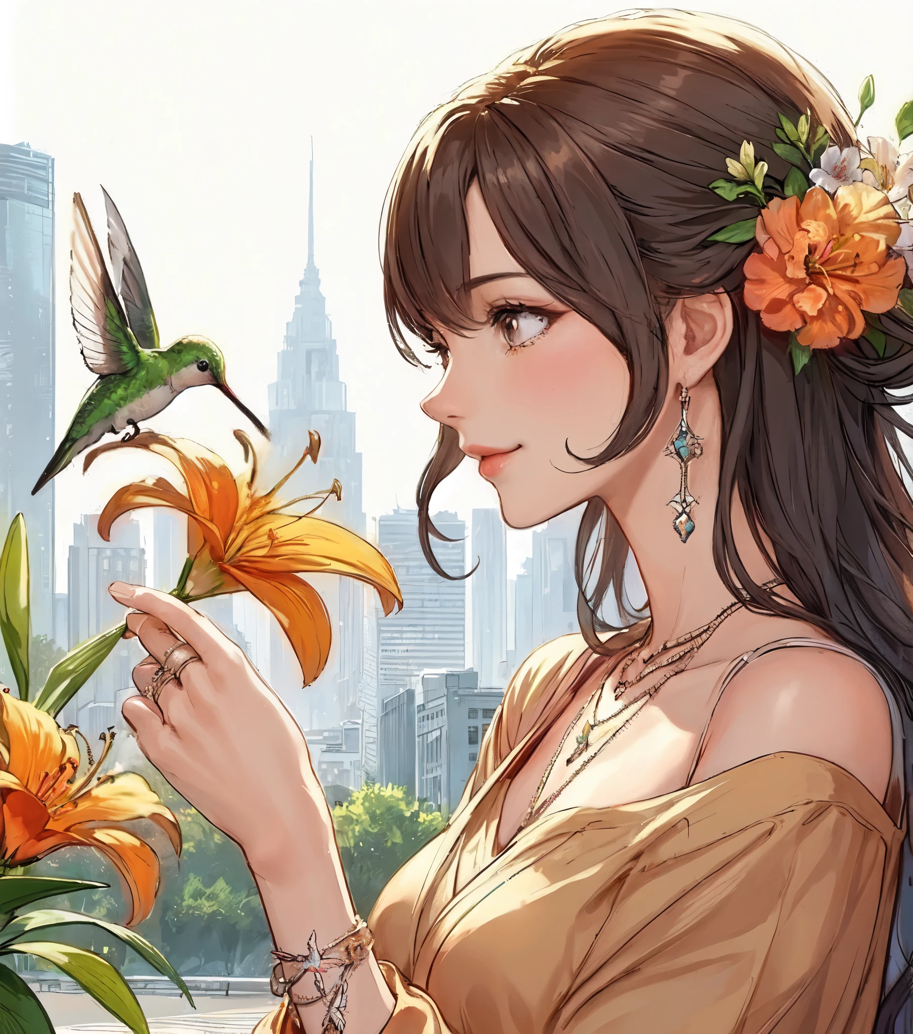 1lady solo, profile, from side, (gazing at hummingbird:1.2), stylish outfit, mature female, /(dark brown hair/) bangs, blush kind smile, (masterpiece best quality:1.2) (delicate illustration:1.1) ultra-detailed, large breasts BREAK ((hummingbird flying:1.2) nearby flower), (realistic hummingbird:1.1) BREAK (holding orange lily flower) BREAK (cityscape), detailed background
