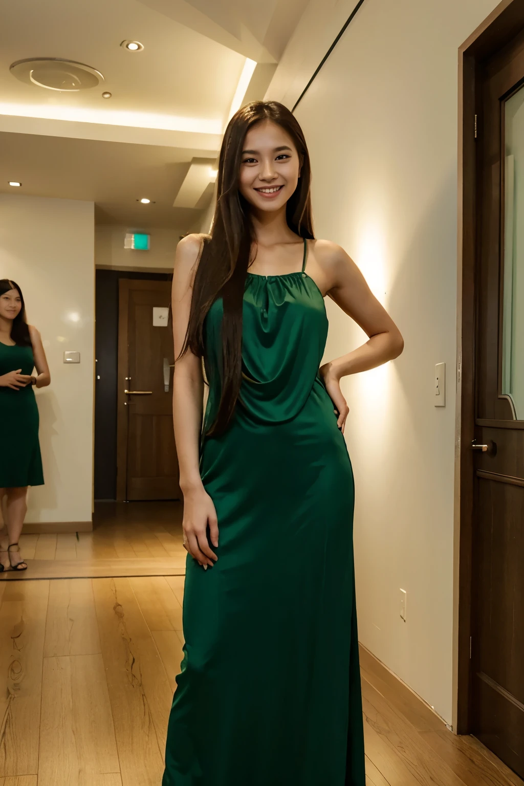 a long straight haired half korean half german lady, wearing a long green maxi dress, standing in a reception for a party, smiling to other guests