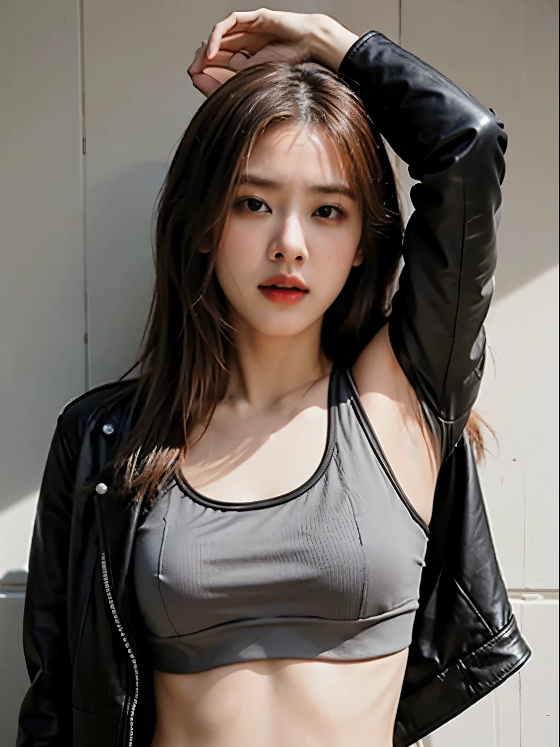 (8k、RAW Photos、top-quality、​masterpiece:1.2)、(realistic Photo-realsitic:1.37)、1girl in、japanese, 18-years old, face lights, Detailed face、Detailed lips, (wearing a black faux leather jacket over sports bra:1.5), (partially-exposed right armpit:1.5), seductive pose, open jacket, slight trace of nipples behind bra, long black hair,