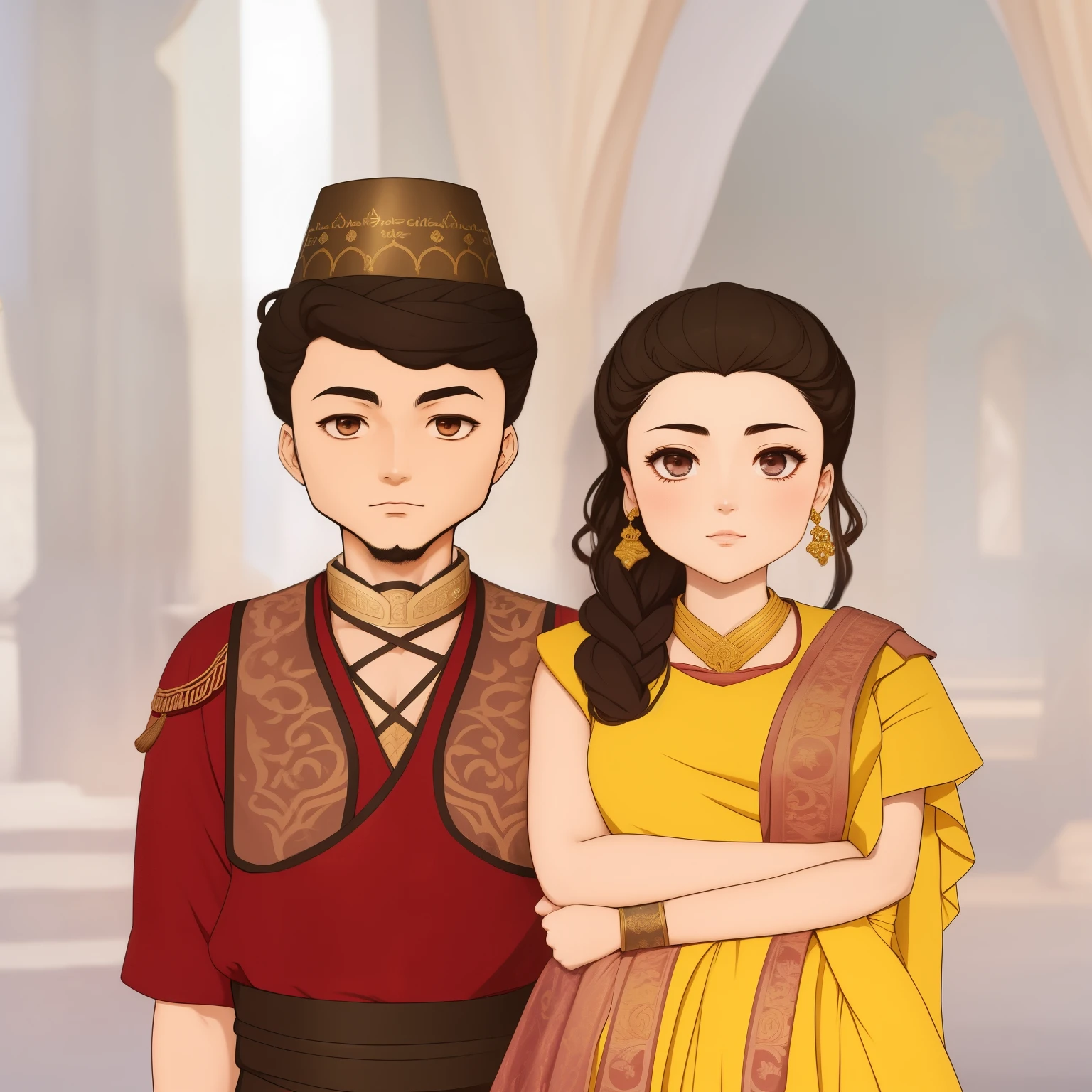 a Anime of a man and woman dressed in traditional clothing, inspired by Altoon Sultan, inspired by Osman Hamdi Bey, inspired by JoWOnder, official fanart, dorne, inspired by Lü Ji, in the art style of bowater, inspired by Albert Dorne, inspired by Yang Borun, disney art style, inspired by Ismail Acar