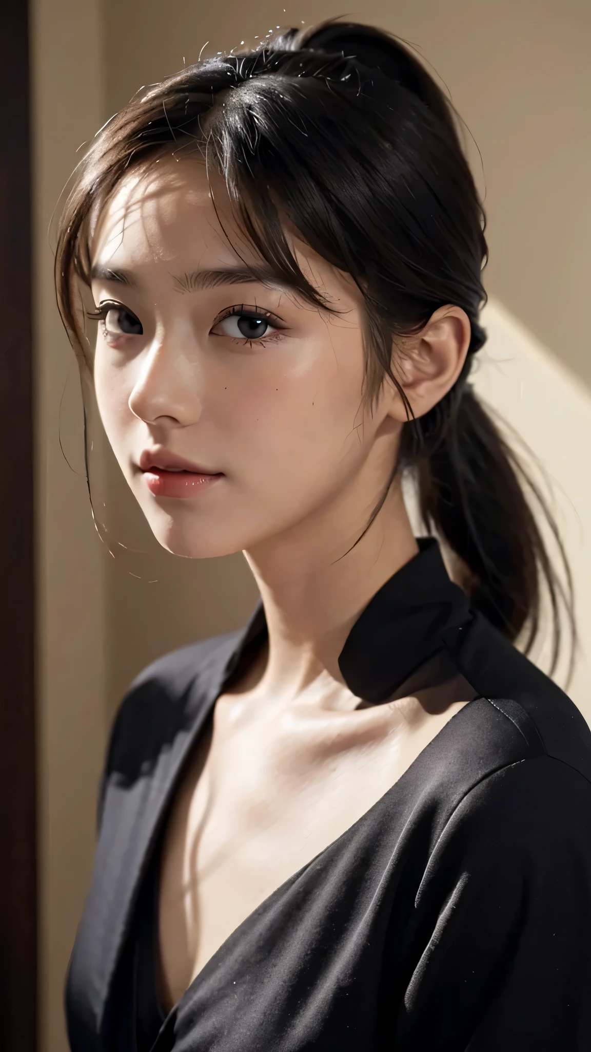 One woman,fully body photo,masutepiece, The highest image quality, High quality, the background is clear,Beautiful woman, Japanese, Detailed, Detailed eyes, Detailed skin, Beautiful skin, 超hight resolution, (reality: 1.4),Very beautiful woman, Slightly younger face, Beautiful skin, slender, (Ultra photo realsisim), (hight resolution), (8K), (Very detailed) (beautifully detailed eyes), (super detailed), (Detailed face), view the viewer, Fine details, Detailed face, Staring straight ahead, Staring straight ahead, photos realistic, Bright lighting, Professional Lighting, Black hair,poneyTail,a baby face,sixteen years old,Hairstyle is ponytail,long ponytail hairstyle,slight smile,business suit,