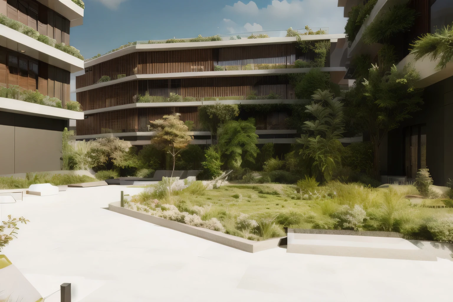 there is a courtyard with a lot of plants and trees, architectural render, architectural visualisation, architectural visualization, empty buildings with vegetation, architecture render, render corona, digital rendering, lumion render, mid-view, rendered in lumion pro, architectural rendering, lumion rendering, research complex, professional render, highly detailed render, high-quality render, with vegetation