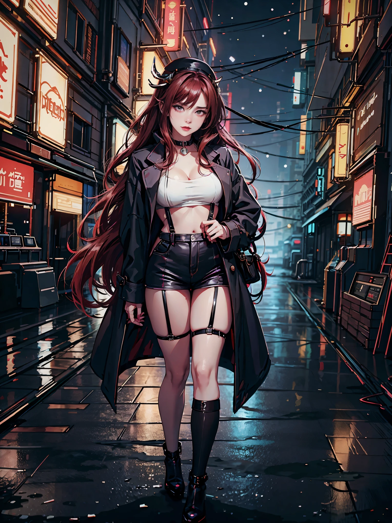 Hot horny women, stocking suspenders, large form, pretty, stroll the night streets of the old city, nearby on the street there is a jazz bar with a neon sign, snowing, girl in a dark coat, with open neckline, red hair, noir style, retro japan anime style, vintage style