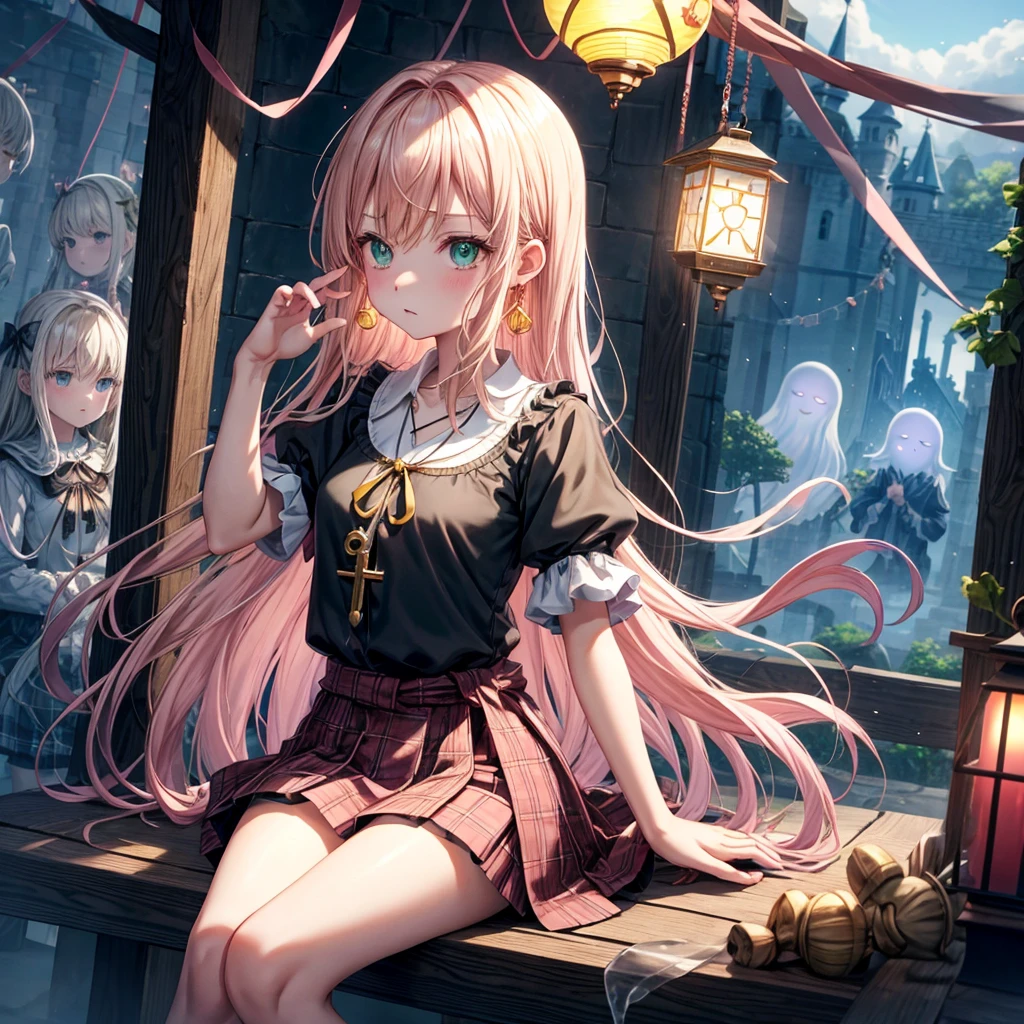 pink blonde、green eyes、one good looking girl、solo、anime、plaid mini skirt、the skirt has buttons、black camisole、black t-shirt、dress、wearing a ribbon、ribbon at waist、cloak、hood、clouds are swirling、stone slabs are piled up、raising one hand、crystal earrings、vegetable garden、monster castle、ceiling、golden key、jewelry necklace、Light and shadow、window、Hundreds of Ghosts at Night、lantern、sitting、legs crossed、mirror、tunnel、clock、Stuck in the wall、wind chimes、universe、skeletal specimen