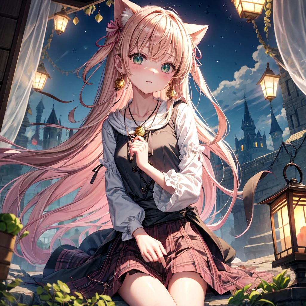 pink blonde、green eyes、one good looking girl、solo、anime、plaid mini skirt、the skirt has buttons、black camisole、black t-shirt、dress、wearing a ribbon、ribbon at waist、cloak、hood、clouds are swirling、stone slabs are piled up、raising one hand、crystal earrings、vegetable garden、monster castle、ceiling、golden key、jewelry necklace、Light and shadow、window、Hundreds of Ghosts at Night、lantern、sitting、legs crossed、mirror、tunnel、clock、Stuck in the wall、wind chimes、universe、skeletal specimen