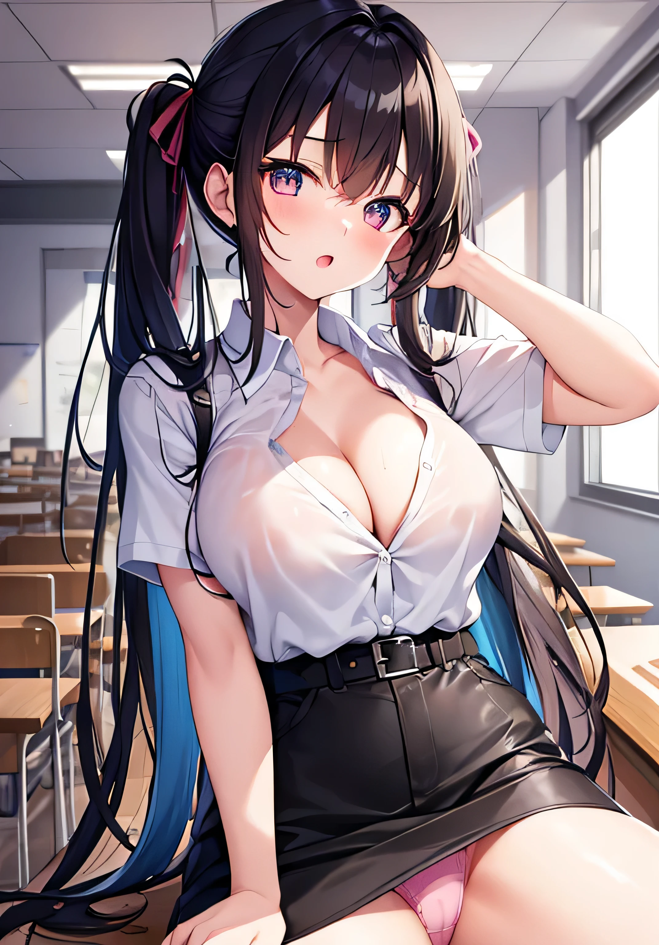 masterpiece、best image quality、ultra high resolution、NSFW、teenage girl with big breasts、twin tail hairstyle、black hair、red face、shyly、Open your mouth just a little、White shirt with cleavage visible、pencil skirt、waist belt、spread your legs wide、light pink panties、Crotch of panties、sitting at a desk with legs wide apart、inside the classroom