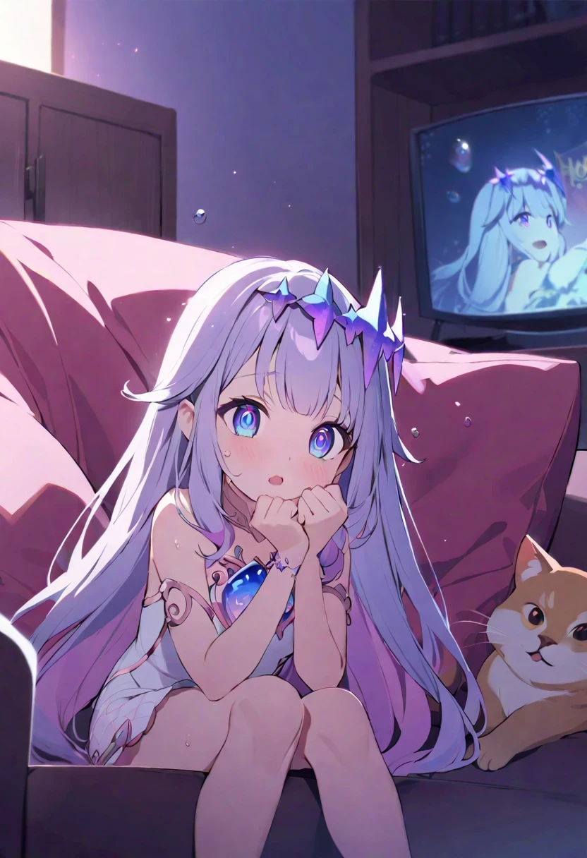 ancient stone jewelry/(Holographic live broadcast/),(Embed: charming) Sitting on the sofa,Radiant, Wet and sticky scales, ((long hair)|(paw)), a charming face with frightened ((big eyes)|(blue eyes)) and charming lips under the dark glow of the TV, Surrounded by comfortable pillows and (Beautifully)|(intense) room smell.
