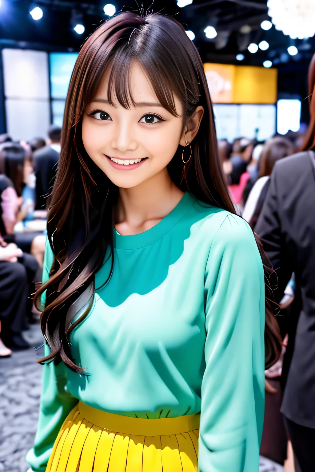 There is a woman taking a photo wearing a black jacket and a colorful skirt.., shy smile, close!!!!!!, in a black uniform, black pink'Jisoo, black pinkJisoo, shy smile, Second time'Tzuyu, blackpink joshi, sakimimichan, sun yunjoo, laugh shyly, yami kawaii, Chiho, Kim Do-young, beautiful fingers, Open your hands, beautiful hands, bangs, lips、out makeup、short eyelashes、looking at the viewer、lazy smile、realistic、High resolution、debris flies, highest quality, 8k, Beautiful woman、In detail