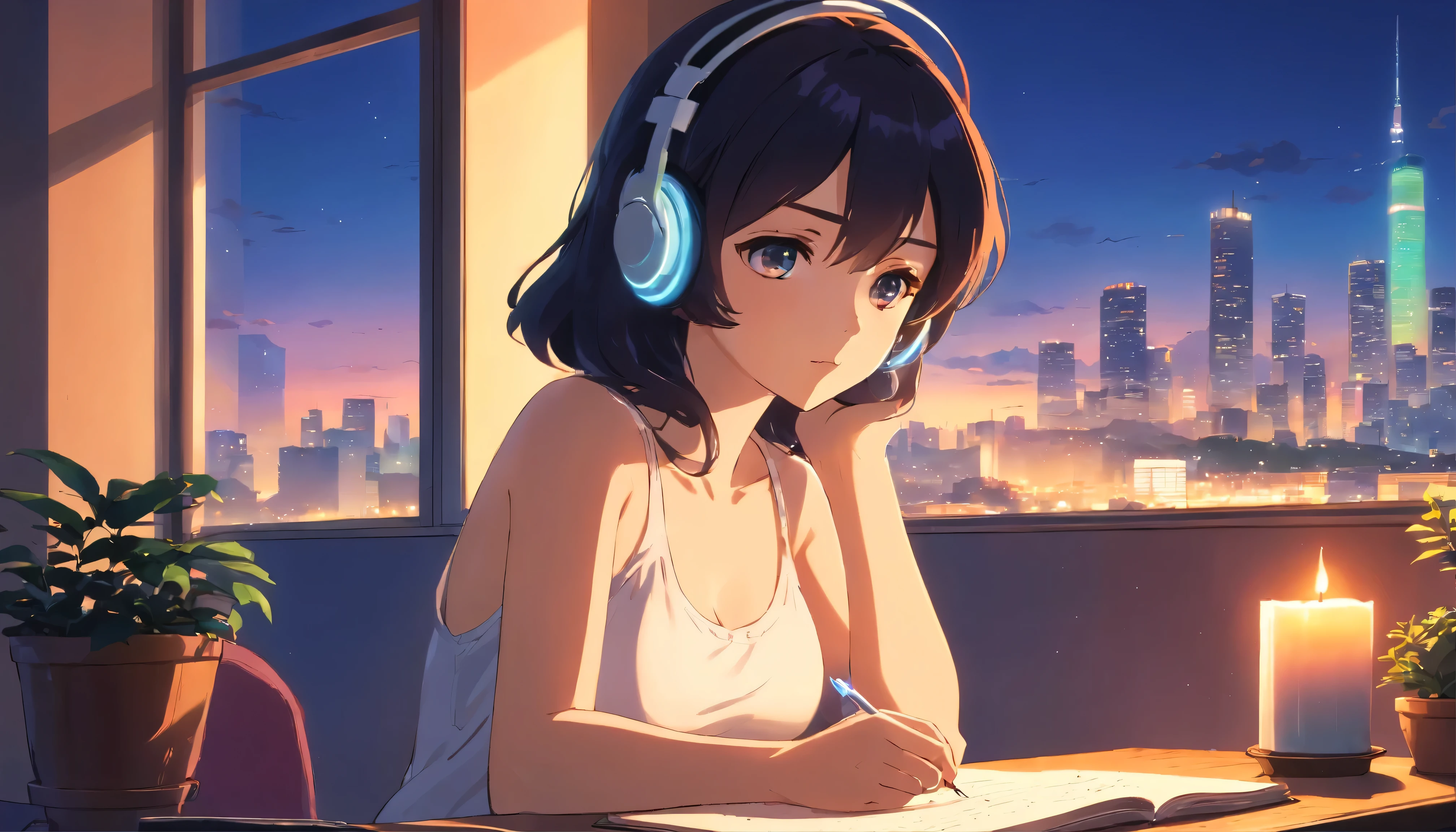 Anime girl, (wearing white headphones:1.4), sitting on a chair, (writing a diary:1.4), holding a pen in her right hand, her left elbow bent with hand slightly raised not holding a pen, short ponytail, black hair, 24 years old, wearing a white fitted and cropped camisole that exposes her midriff and reveals her shoulders and cleavage, (Exposed cleavage:1.3), big breasts G-cup, (revealing skin:1.5), lofi girl anime vibes, lofi artstyle, anime style 4k, anime aesthetic, nightcore, lofi feel, lofi art, anime art wallpaper 4k, anime wallpaper 4k, lofi vibes, surrounded by many potted plants and greenery, creating a soothing green and blue toned space, sitting at a neatly organized desk, a lighted candle on the table, Tokyo view, city view, with a view of a large caldera, anime style, cinematic lighting, Sony FE GM, masterpiece, best quality, 4K