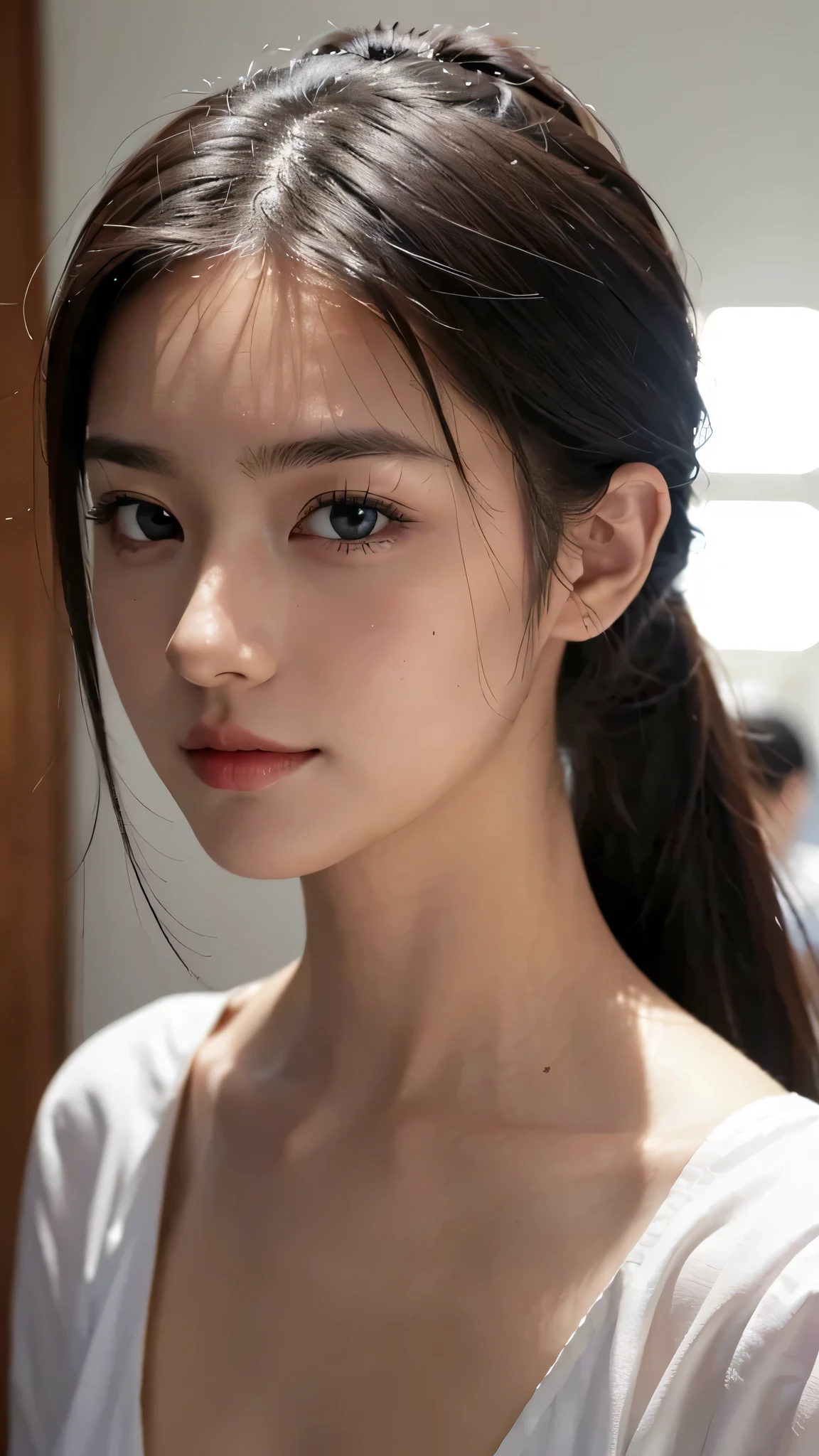 One woman,fully body photo,masutepiece, The highest image quality, High quality, the background is clear,Beautiful woman, Japanese, Detailed, Detailed eyes, Detailed skin, Beautiful skin, 超hight resolution, (reality: 1.4),Very beautiful woman, Slightly younger face, Beautiful skin, slender, (Ultra photo realsisim), (hight resolution), (8K), (Very detailed) (beautifully detailed eyes), (super detailed), (Detailed face), view the viewer, Fine details, Detailed face, Staring straight ahead, Staring straight ahead, photos realistic, Bright lighting, Professional Lighting, Black hair,poneyTail,a baby face,sixteen years old,Hairstyle is ponytail,long ponytail hairstyle,slight smile,business suit,Walking through an office district,