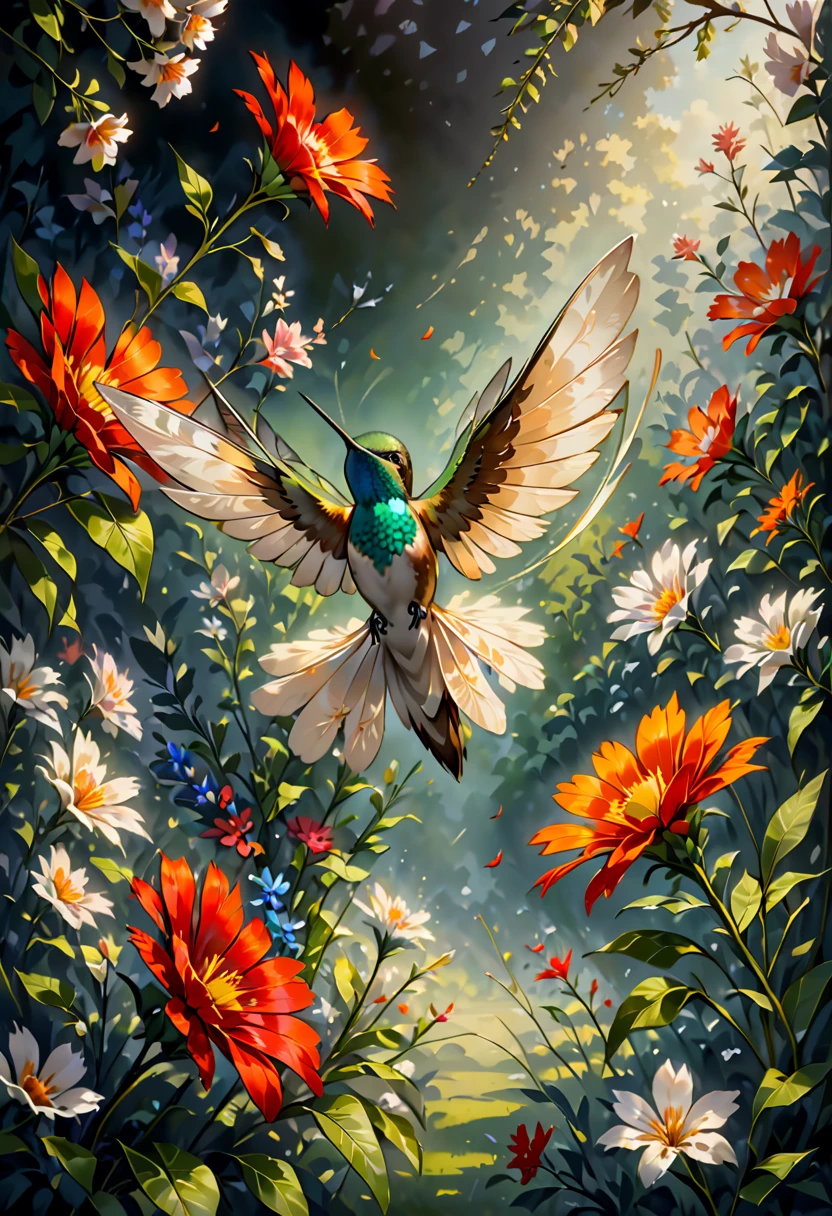 A painterly portrait of a hummingbird in mid-flight, rendered in the style of Rembrandt but with a modern twist.
Subject:
A single hummingbird, in sharp focus, facing the viewer.
The hummingbird's wings are spread wide, capturing the intricate details of its feathers.
The hummingbird's long, slender beak is extended as if it is about to drink from a flower.
Style:
Utilize Rembrandt's signature technique of chiaroscuro, using dramatic contrasts of light and shadow to create a sense of depth and volume.
Render the hummingbird in a realistic manner, capturing the delicate beauty of its features.
Incorporate elements of modern art, such as bold colors and abstract shapes, to create a unique and visually striking image.
Additional details:
The hummingbird is surrounded by a field of flowers, rendered in a painterly style.
The background is dark and shadowy, creating a sense of mystery and intrigue.
The overall tone of the image is one of beauty, fragility, and movement.
Prompt:
Rembrandt-style portrait of a hummingbird in mid-flight, surrounded by a field of flowers. Render in a painterly style with dramatic chiaroscuro, incorporating elements of modern art such as bold colors and abstract shapes.
Additional keywords:
Painterly
Chiaroscuro
Realistic
Modern
Abstract
Vibrant
Delicate
Fragile
Dynamic