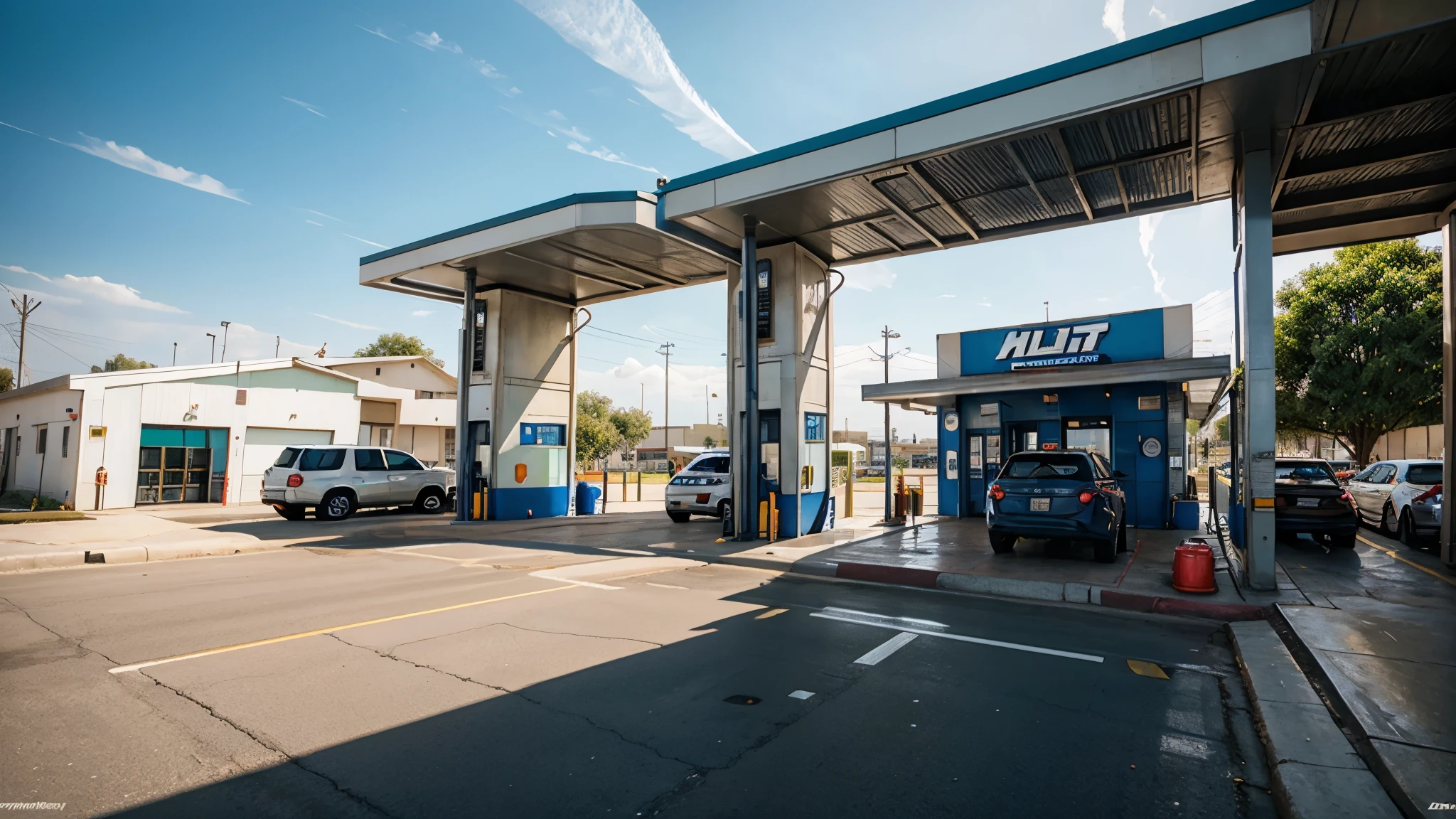 best quality, HDR, futuristic petrol bunk with quick wash facility, air checking and filling facility, oil changing facility, ultra-detailed, professional, vivid colors, concept artists, view from road, goodambiance