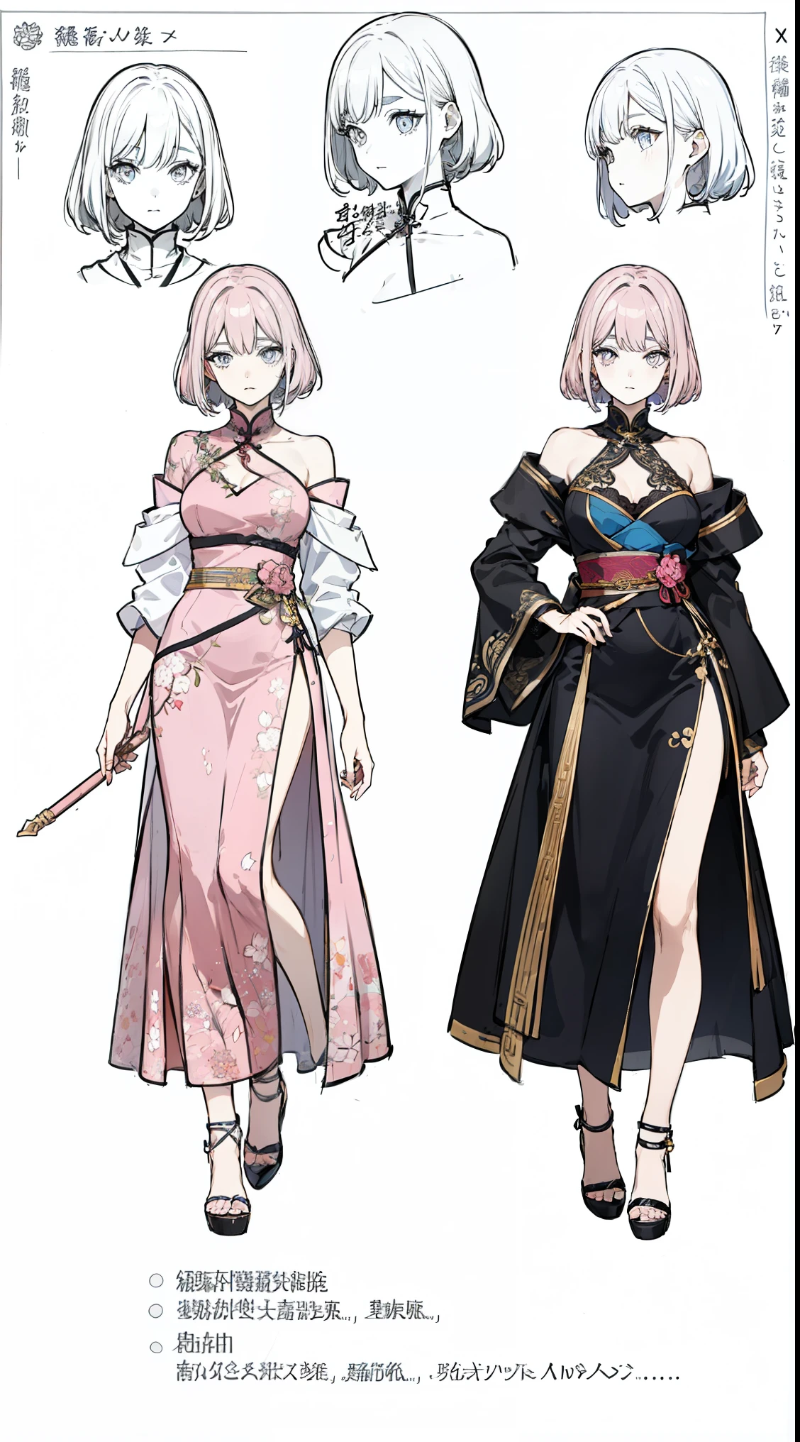 simple black cheongsam dress、Asian Taste,sexy costume、off shoulder, Jacket,(character design sheet, front, return, ~ ~ side, same character), returnground is simple, , big breasts, 大人のwoman, thick eyebrows, thin waist, beautiful pink hair, semi-long, (masterpiece), ((highest quality)), (Super detailed),woman, (beautiful eyes)), 緻密でbeautiful eyes, clean and detailed face, five fingers, textile shading, perfect ???????,