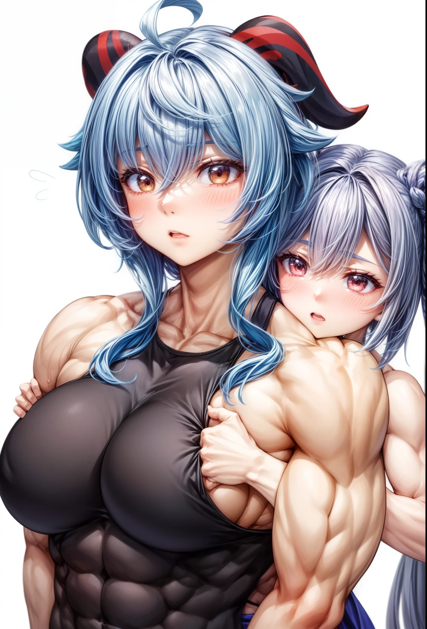 best quality,2girls, ganyu keqing (genshin impact),biceps, muscular ,alternate muscle size,,muscular thighs, abs, thick arms,, broad shoulders, muscular, blush