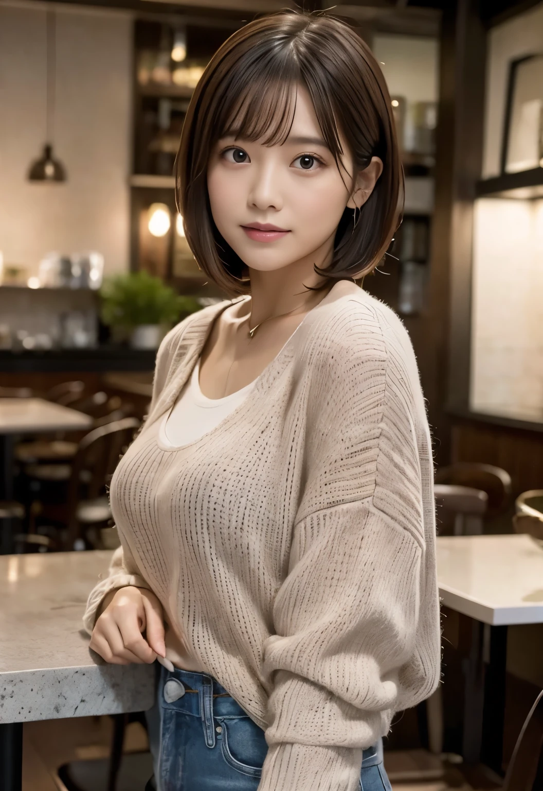 (((Cafe:1.3, indoor, Photographed from the front))), ((medium bob:1.3, pink knit, japanese woman, cute)), (clean, natural makeup), (highest quality, masterpiece:1.3, 超High resolution), (Super detailed, caustics), (realistic:1.4, RAW shooting), very detailed, High resolution, 16K resolution
