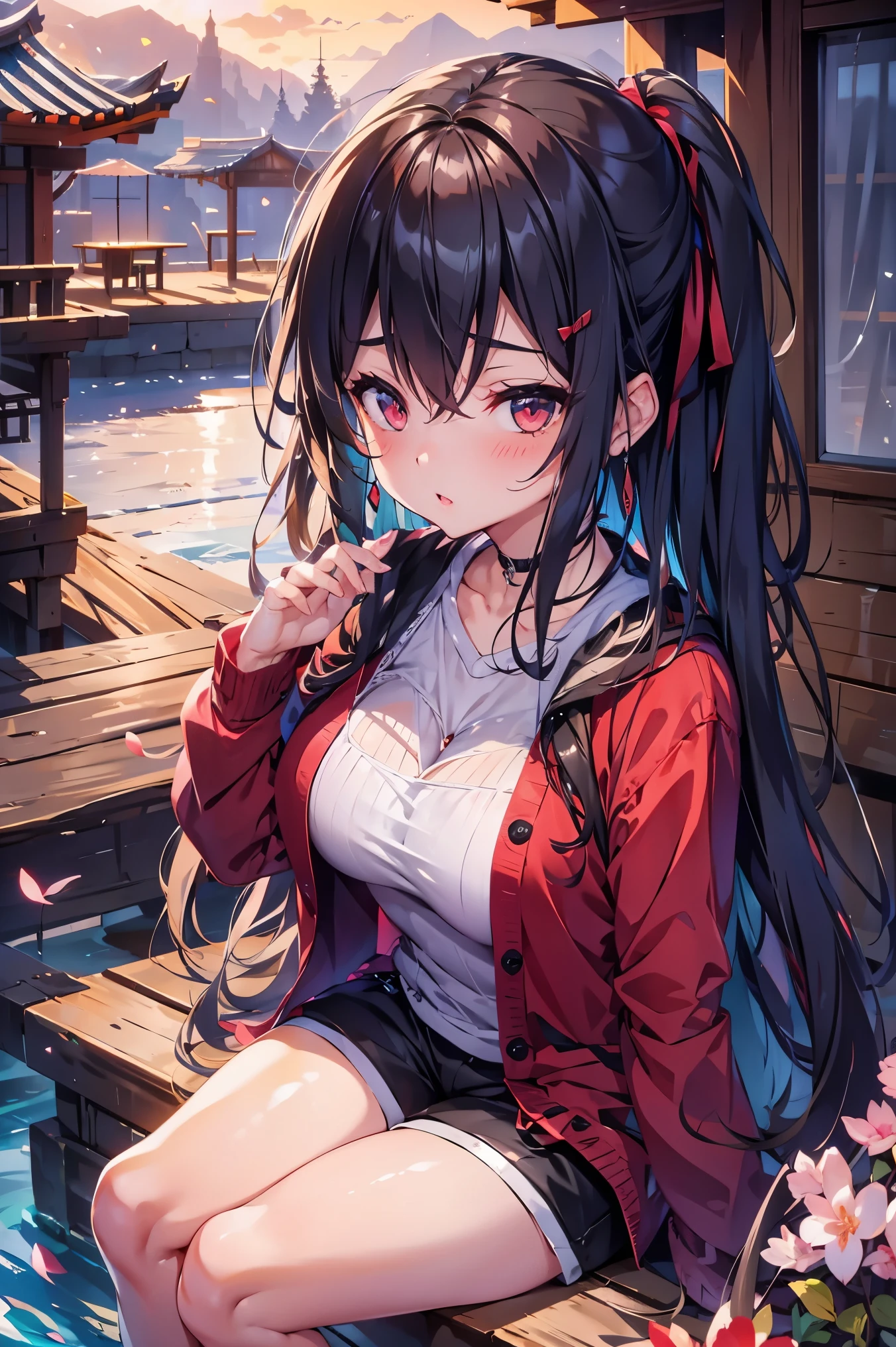 1 female、whole body、bottom angle、brown hair、long hair、well-groomed face、dense lips、red eyes、blue cardigan、valley、slim、black shorts、cherry blossoms、cherry blossoms吹雪、petal、hot spring town、old buildings、sunset、masterpiece、ultra high resolution、delicate、perfect lighting、sunlight、16K