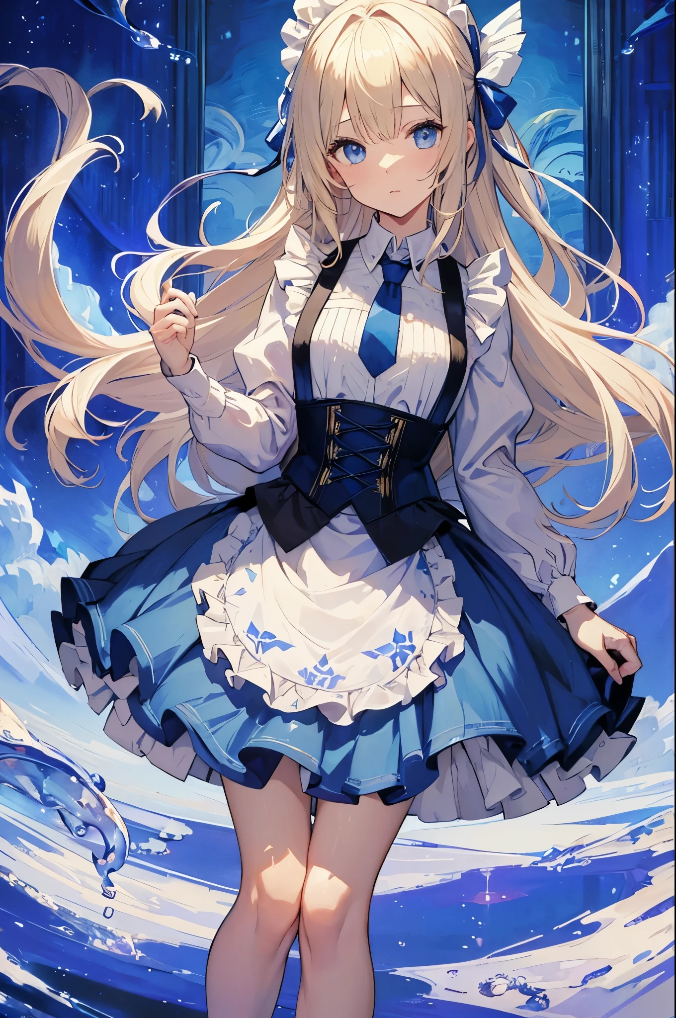 (Masseter muscle part、highest quality、Mysterious、beautiful beautiful、official art、Impressionism、By Van Gogh:1.2)、(1 girl:1.3)、(fractal art:1.4)、shiny skin、pattern、(alice in wonderland:1.2)、(Usagi、Siamese cat、playing cards、Tea cup、pocket watch:0.8)、(tie hair with ribbon、blue clotheini skirt、beautiful feet、white apron、white socks、platinum blonde、blue eyes)、exotic wallpaper、very colorful、abstract background、Fantastic