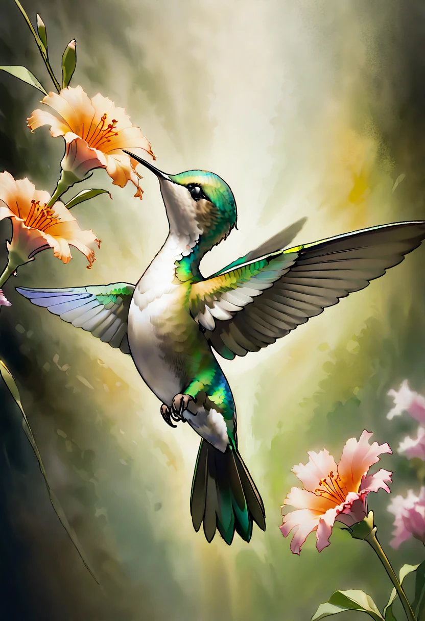 A painterly portrait of a hummingbird in mid-flight, rendered in the style of Rembrandt but with a modern twist.

Subject:

A single hummingbird, in sharp focus, facing the viewer.
The hummingbird's wings are spread wide, capturing the intricate details of its feathers.
The hummingbird's long, slender beak is extended as if it is about to drink from a flower.
Style:

Utilize Rembrandt's signature technique of chiaroscuro, using dramatic contrasts of light and shadow to create a sense of depth and volume.
Render the hummingbird in a realistic manner, capturing the delicate beauty of its features.
Incorporate elements of modern art, such as bold colors and abstract shapes, to create a unique and visually striking image.
Additional details:

The hummingbird is surrounded by a field of flowers, rendered in a painterly style.
The background is dark and shadowy, creating a sense of mystery and intrigue.
The overall tone of the image is one of beauty, fragility, and movement.
Prompt:

Rembrandt-style portrait of a hummingbird in mid-flight, surrounded by a field of flowers. Render in a painterly style with dramatic chiaroscuro, incorporating elements of modern art such as bold colors and abstract shapes.

Additional keywords:

Painterly
Chiaroscuro
Realistic
Modern
Abstract
Vibrant
Delicate
Fragile
Dynamic