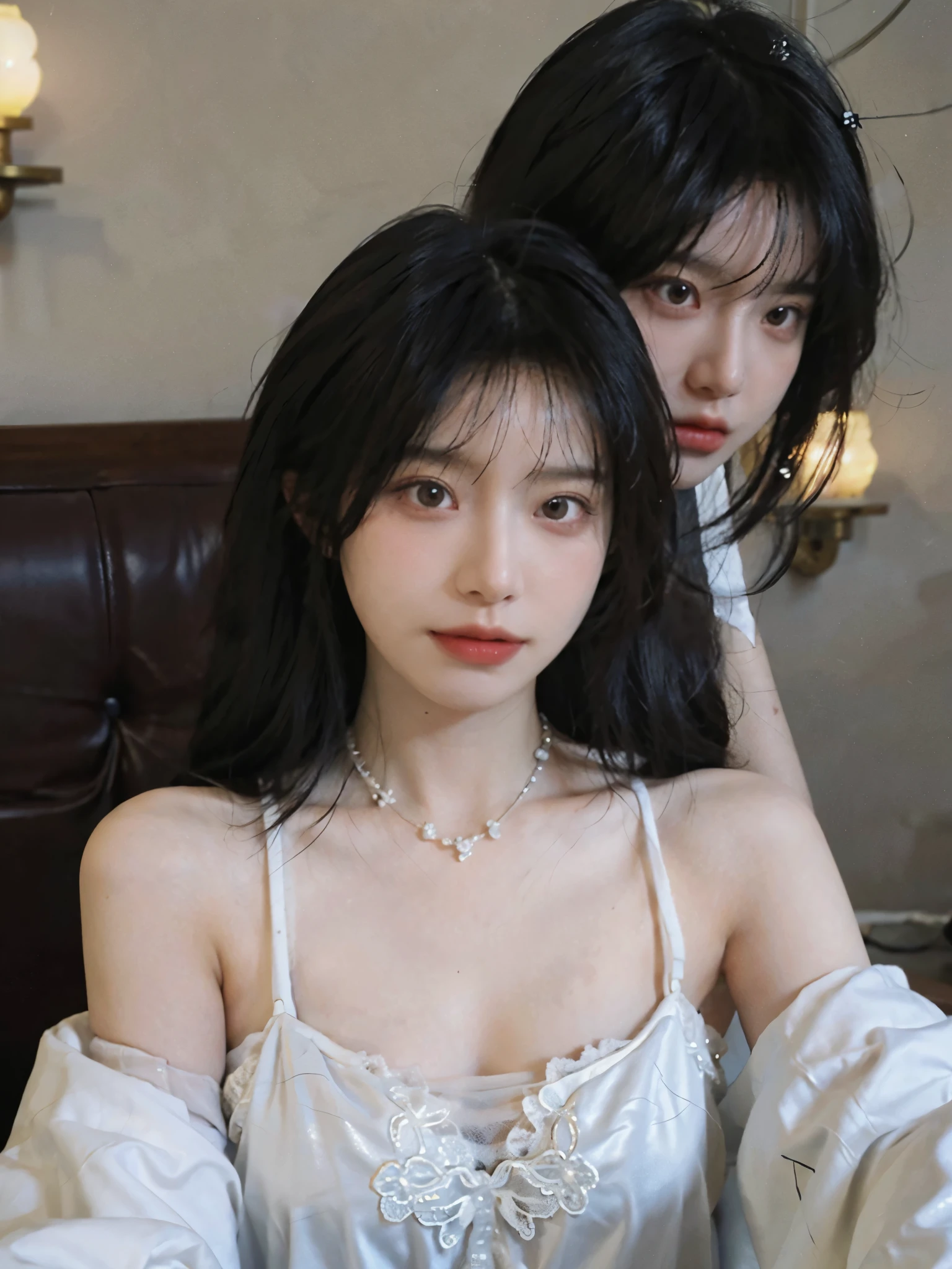 Film portrait photography, 2 girls, bare shoulders,(Lace covers eyes:1.4), Shoulder length wavy hair, white coat,Snow white sling, Lace black silk,Gemstone necklace,(Realistic and detailed eyes, natural skin texture, Realistic facial details),, depth of field, Bokeh, Vibrant details, Detailed and detailed, Surrealism, 35mm film, hazy, ,Selfie,