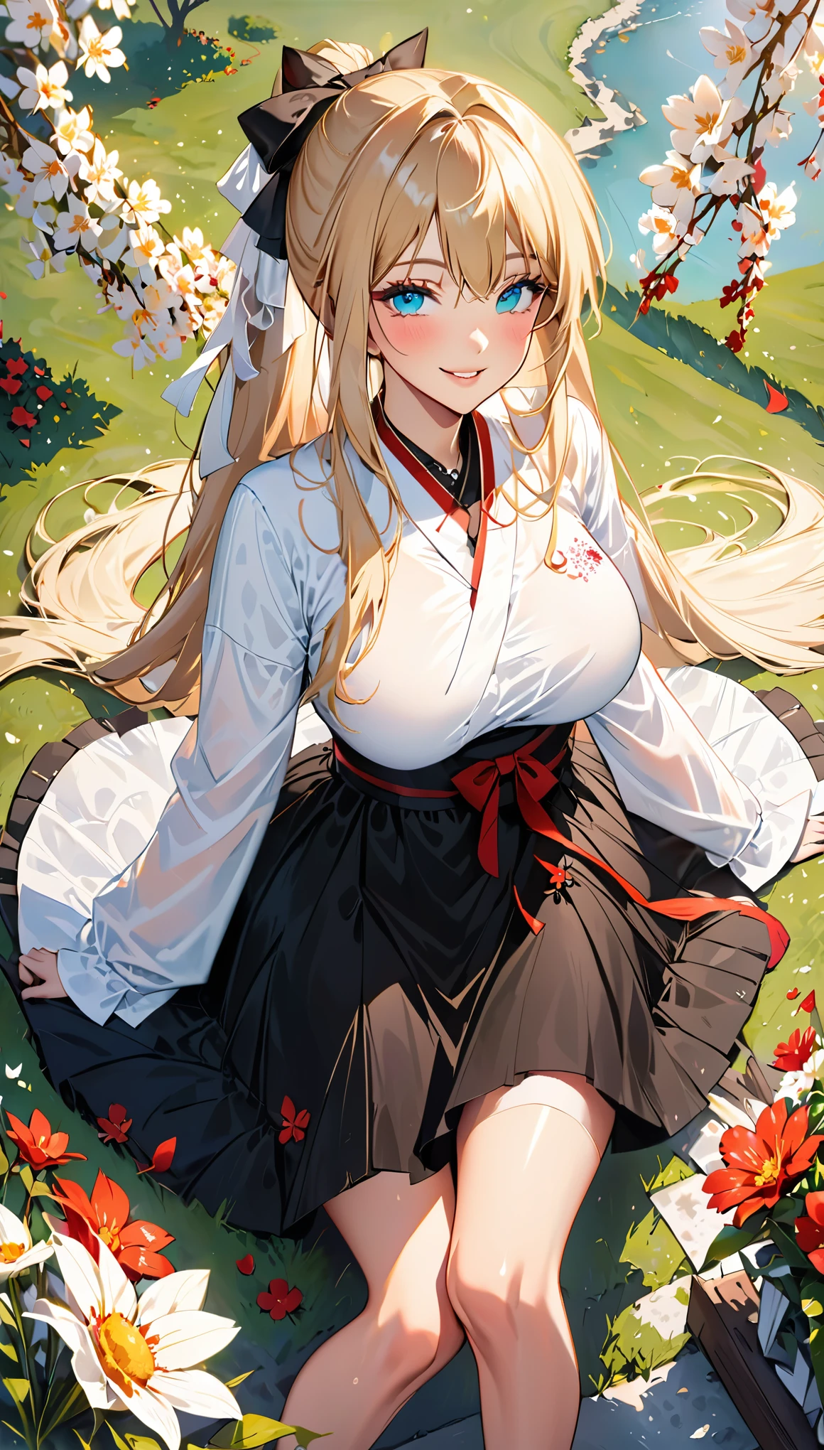 work, best quality, girl, long hair alternative, absurdly long hair, blonde hair, bow hair, aqua eyes, seductive smile, Tongue, black eyes, long eyelashes, big breasts, There is a mole on the chest, White shirt, black skirt, shoe, period, hair ribbon, flower ribbon, hair_ribbon, hair_ribbon, hair_flower