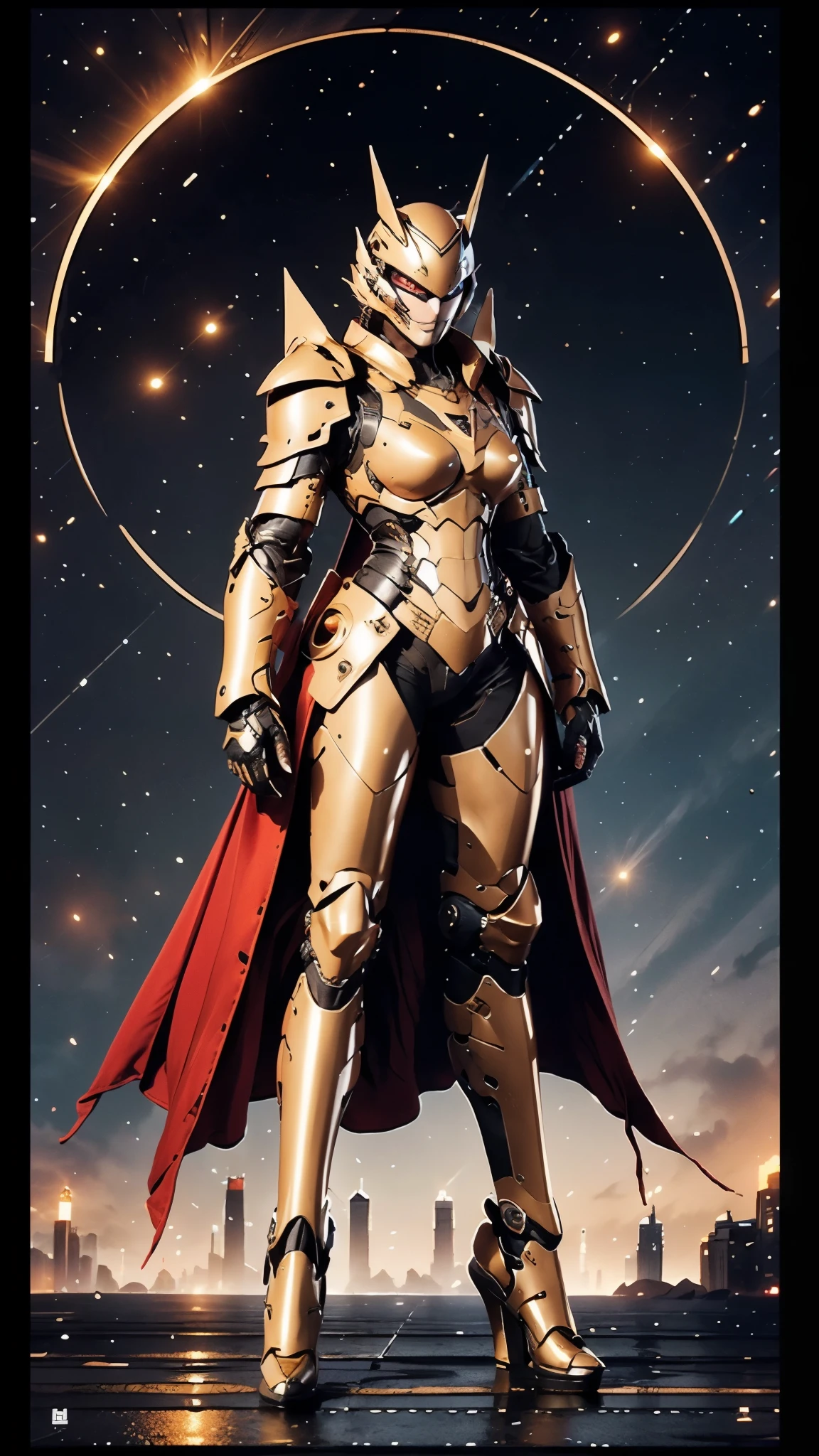 A woman adorned in fantasy-style full-body armor, a crown-concept fully enclosed helmet that unveils only her eyes, a composite layered chest plate, fully encompassing shoulder and hand guards, a lightweight waist armor, form-fitting shin guards, the overall design is heavy-duty yet flexible, ((the armor gleams with a golden glow, complemented by red and blue accents)), exhibiting a noble aura, she floats above the Futuristic city, this character embodies a finely crafted fantasy-surreal style armored hero in anime style, exquisite and mature manga art style, (Queen bee mixed with Spider concept Armor, photorealistic:1.4, real texture material:1.2), ((city night view, elegant, goddess, femminine:1.5)), metallic, high definition, best quality, highres, ultra-detailed, ultra-fine painting, extremely delicate, professional, anatomically correct, symmetrical face, extremely detailed eyes and face, high quality eyes, creativity, RAW photo, UHD, 32k, Natural light, cinematic lighting, masterpiece-anatomy-perfect, masterpiece:1.5