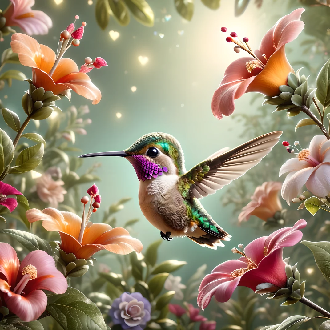 cute Hummingbird in beautiful nature, intricate details, whimsical, magical, best quality, masterpiece