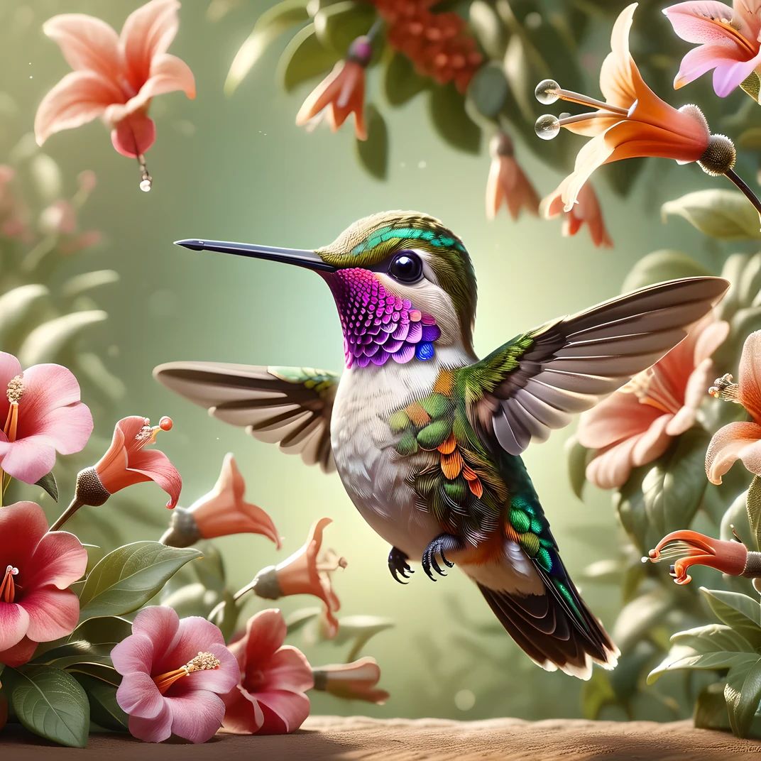 cute Hummingbird in beautiful nature, intricate details, whimsical, magical, best quality, masterpiece