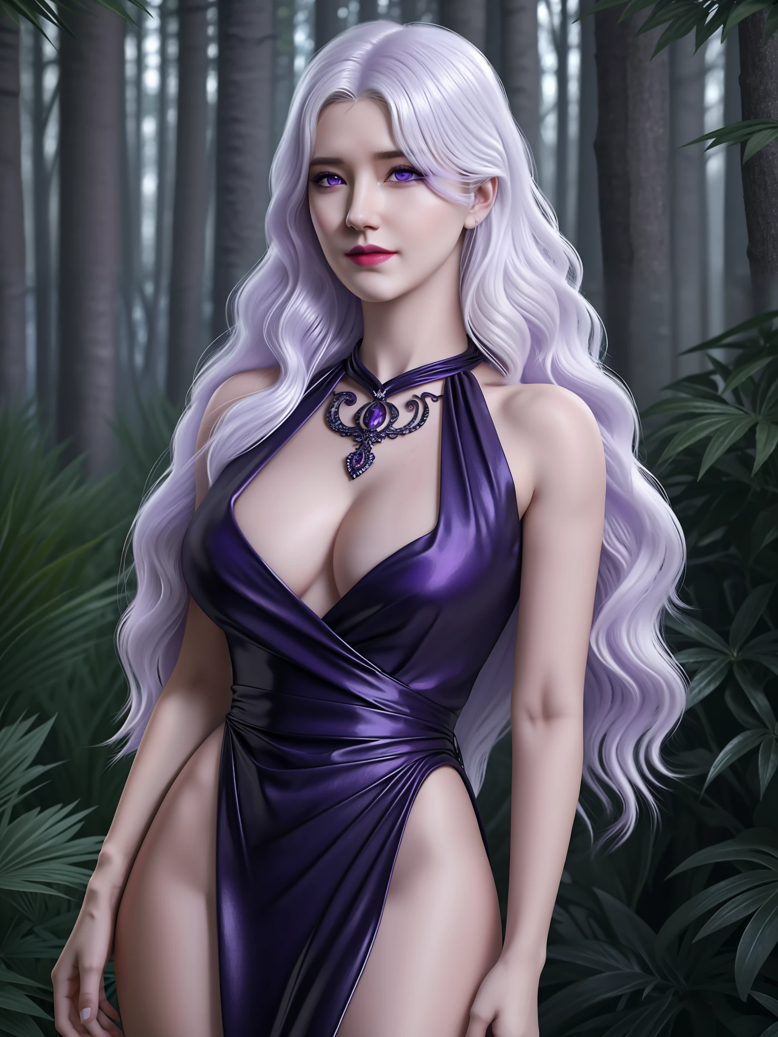 detailed lips, long wavy hair, serpents for hair, pale complexion, mesmerizing gaze, river forest background, vibrant colors, soft lighting, (hyperrealistic), (illustration), (high resolution), (8K), (extremely detailed), (best illustration), (beautiful detailed eyes), (best quality), (ultra-detailed), (masterpiece), (wallpaper), (photorealistic), (natural light), (detailed face), (high detailed realistic skin texture), (anatomically correct), (solo), (1 girl:1.52), (high detailed realistic hair), (white hair:1.35), (heterochromic eyes), (detailed eyes), (purple eyes:1.37), (sparkling eyes), (realistic huge breasts:1.53), (slender abs), (dynamic pose), (closed tiny mouth:1.3), (concentrated expression), (upon body from head to thigh:1.51), (dimple:1.34)
