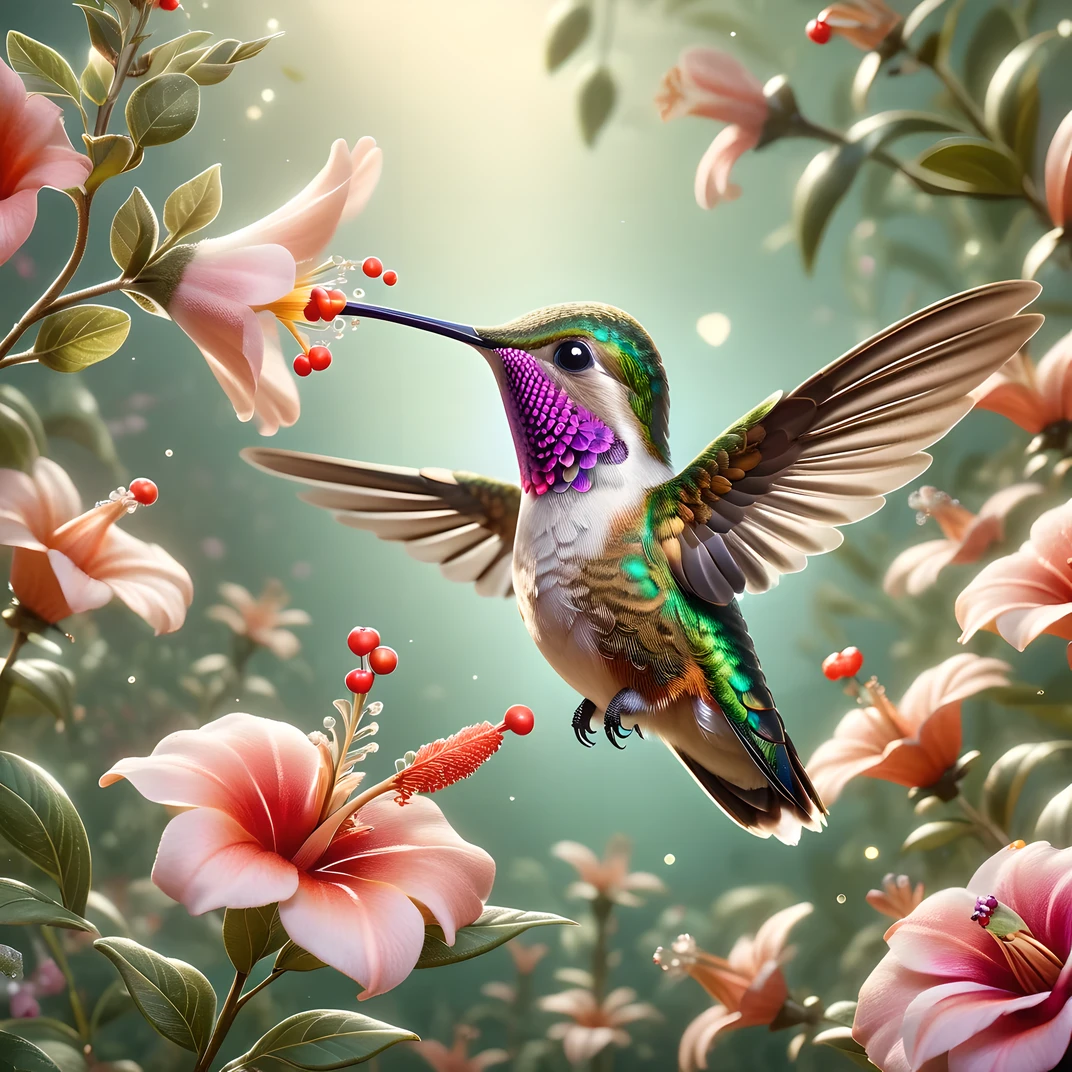 cute Hummingbird in beautiful nature, intricate details, whimsical, magical, best quality, masterpiece