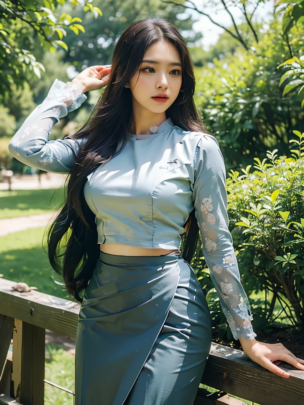 ((Best Quality, 8k, Masterpiece:1.3))), Crisp Focus: 1.2, (Beautiful Woman with Perfect Figure: 1.4) , Highly Detailed Face and Skin Texture., Detailed Eyes, Double Eyelids , Long Hair, acmm ls outfit, wearing acmm top, olive green acmm top, long sleeves, wearing acmm long skirt, olive green acmm long skirt, printed skirt, garden background with green tree