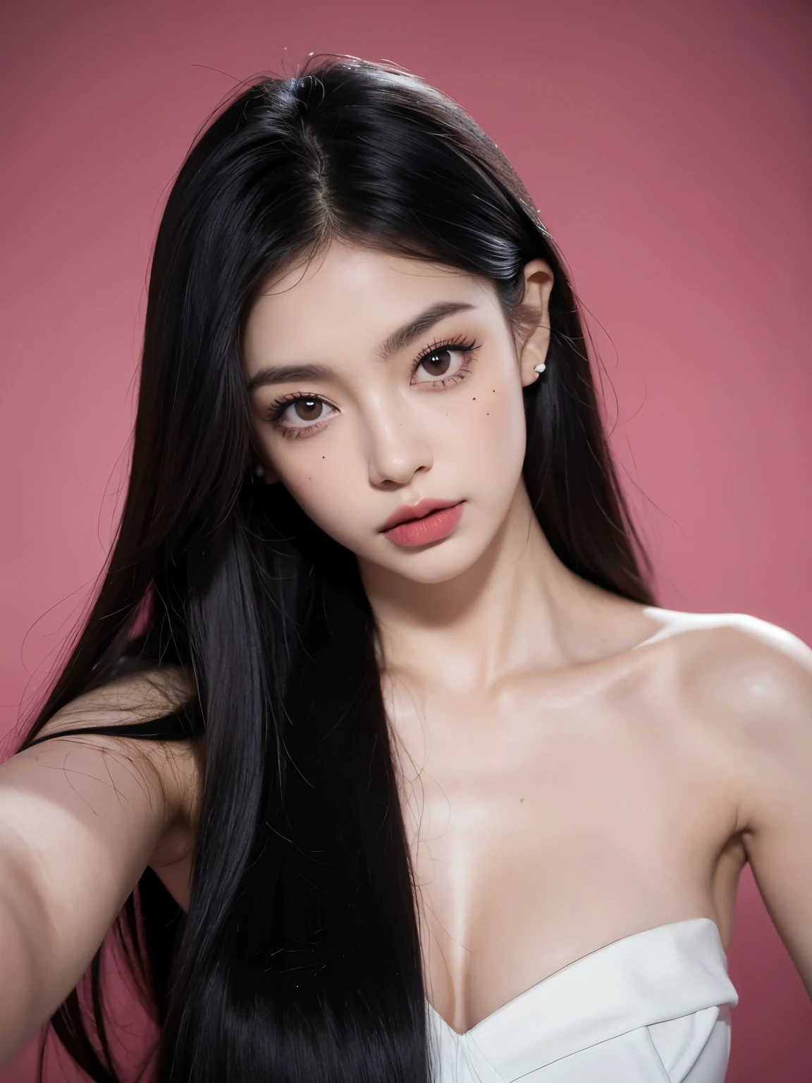 Kim Jennie con el cabello negro oscuro, con rulos en las puntas del cabello negro oscuro, con un ganchito de estrella en el cabello negro oscuro, ojos de color claro, ojos bonitos, nariz bonita y respingada, labios bonitos, labios rosas, heart and cupid shaped lip, piel bonita, pale, piel blanca, con lunares y pecas en todo el rostro, rubor rosa suave en las mejilla, rubor rosa natural, dark and gothic makeup, Jennie gotica, cuellos bonito, cuello marcado, frown, mirada enojada, con un collar de beso, un collar bonito de beso, mientras muestra sus pechos desnudos, mientras tiene los pezones con dos corazones de papel rosa, tiene los pezonnes con corazones de papel rosa (pechos grandes, pechos suaves, pechos bonitos, pechos naturaleirando a la camara, autofoto