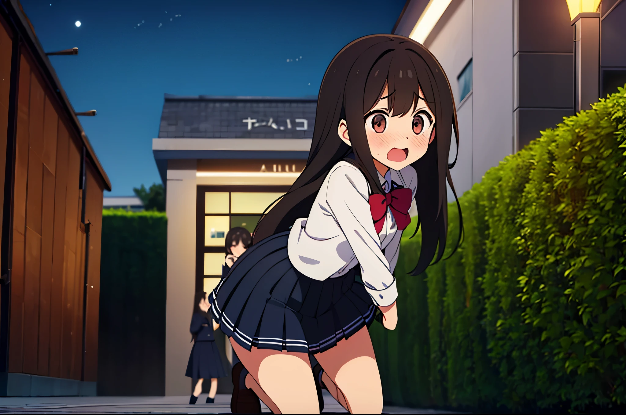 (Three Women:1.5) ,Dark Brown Hair,Black Hair,(Nose Brush:1.7) ,Surprised,Open your mouth,(school uniform),(Panties in full view:1.7),(Extremely high quality),(mini skirt),nature,garden,Shiny legs, Thighs,Cute face,(Looking up from below),tall,squat