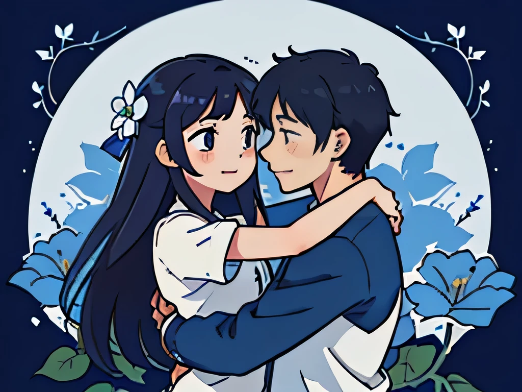 perfect anime illustration, side view of a girl hugging a guy, there are many blue flowers around them, flowers surround them, beautiful big flower vines