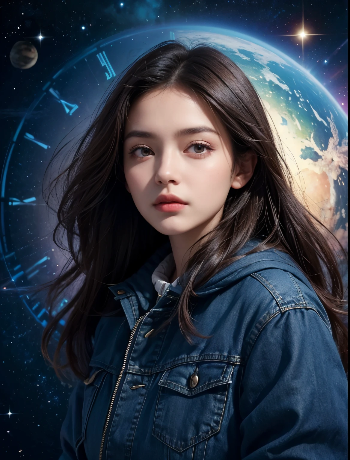 A beautiful woman.Twenty-three years old. Dark brown hair. She is looking at the camera with a serious expression. She is wearing blue jeans and a jacket. An image of a clock and outer space in the space behind the woman.