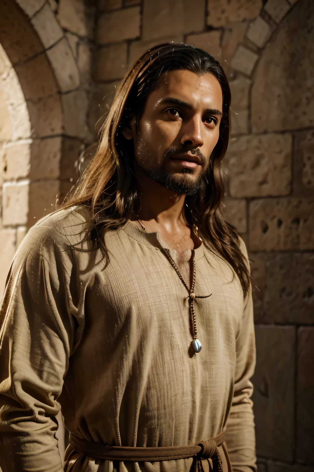 Centrado (Jesus), um homem cego de cor bronzeado, com cabelo comprido e barba,cego, wearing a long beige tunic, sentado a beira do caminho, 4k, hdr, detalhado, fundo de cidade antiga de Jerusalem,